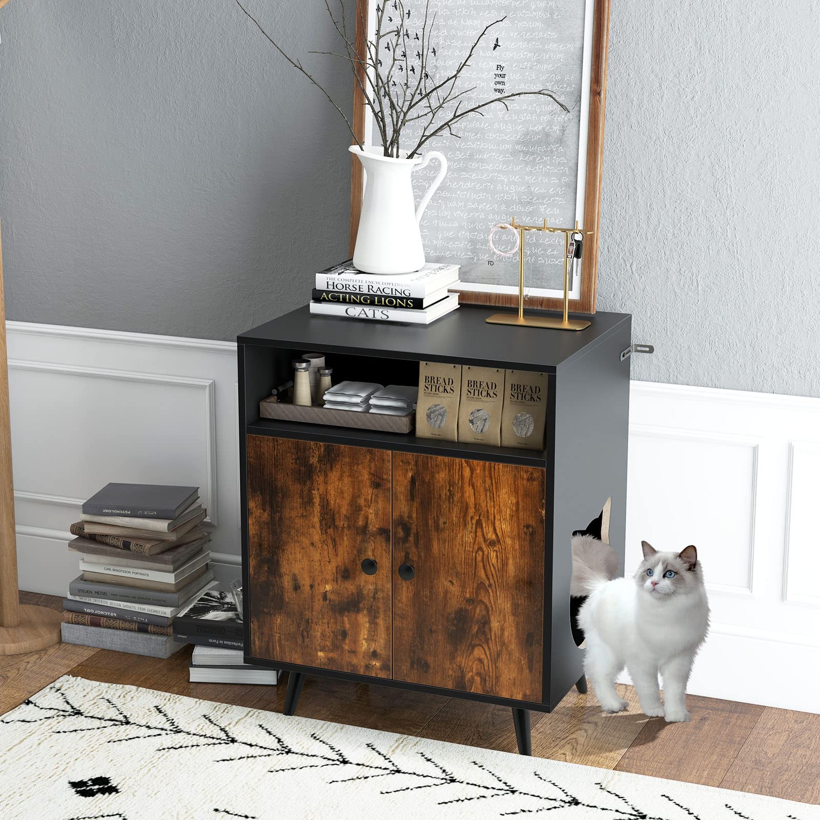 Tangkula Cat Litter Box Enclosure, 2-In-1 Cat Washroom Cabinet With Open Compartment, Hidden Litter Box Furniture With Anti-Topp