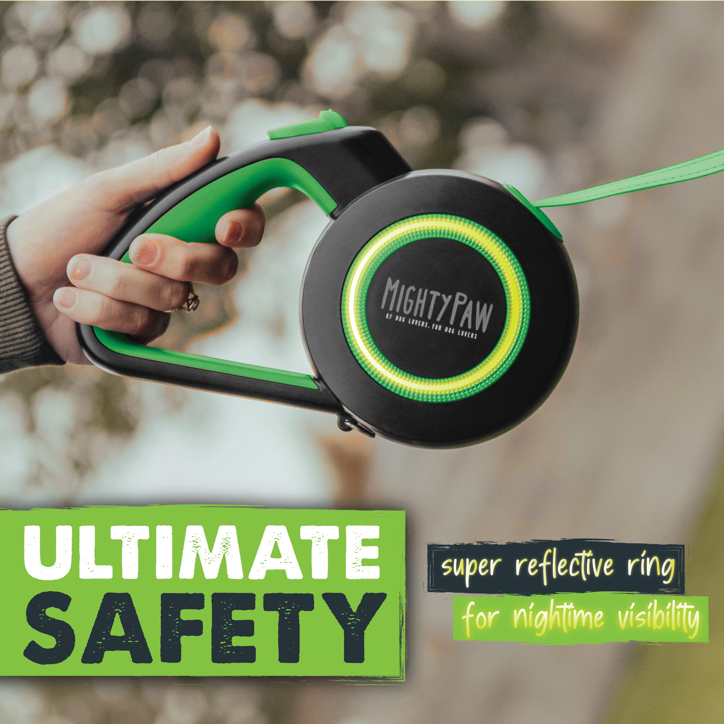 Mighty Paw Retractable Dog Leash 2.0 - Auto-Locking Button For The Control When You Need - Stainless Steel Coil For Smooth Retraction - Super Reflective Ring For Nighttime Visibility - No More Tangle