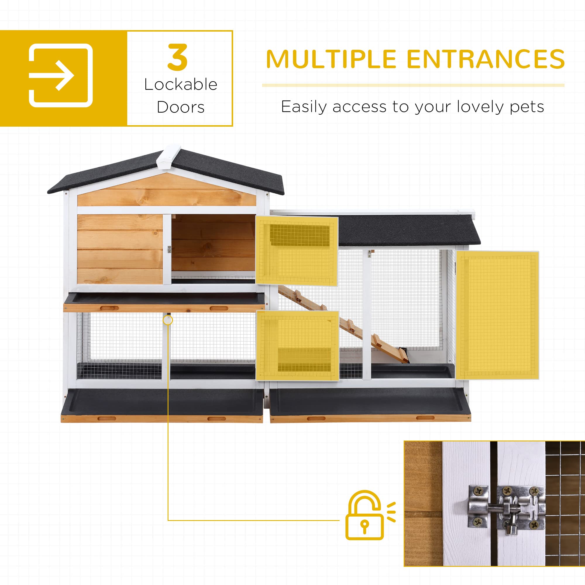 PawHut 62 Rabbit Hutch, Wooden Bunny Hutch, Guinea Pig Cage, Small Animal Enclosure with Run Area, Removable Tray, Asphalt Roof,