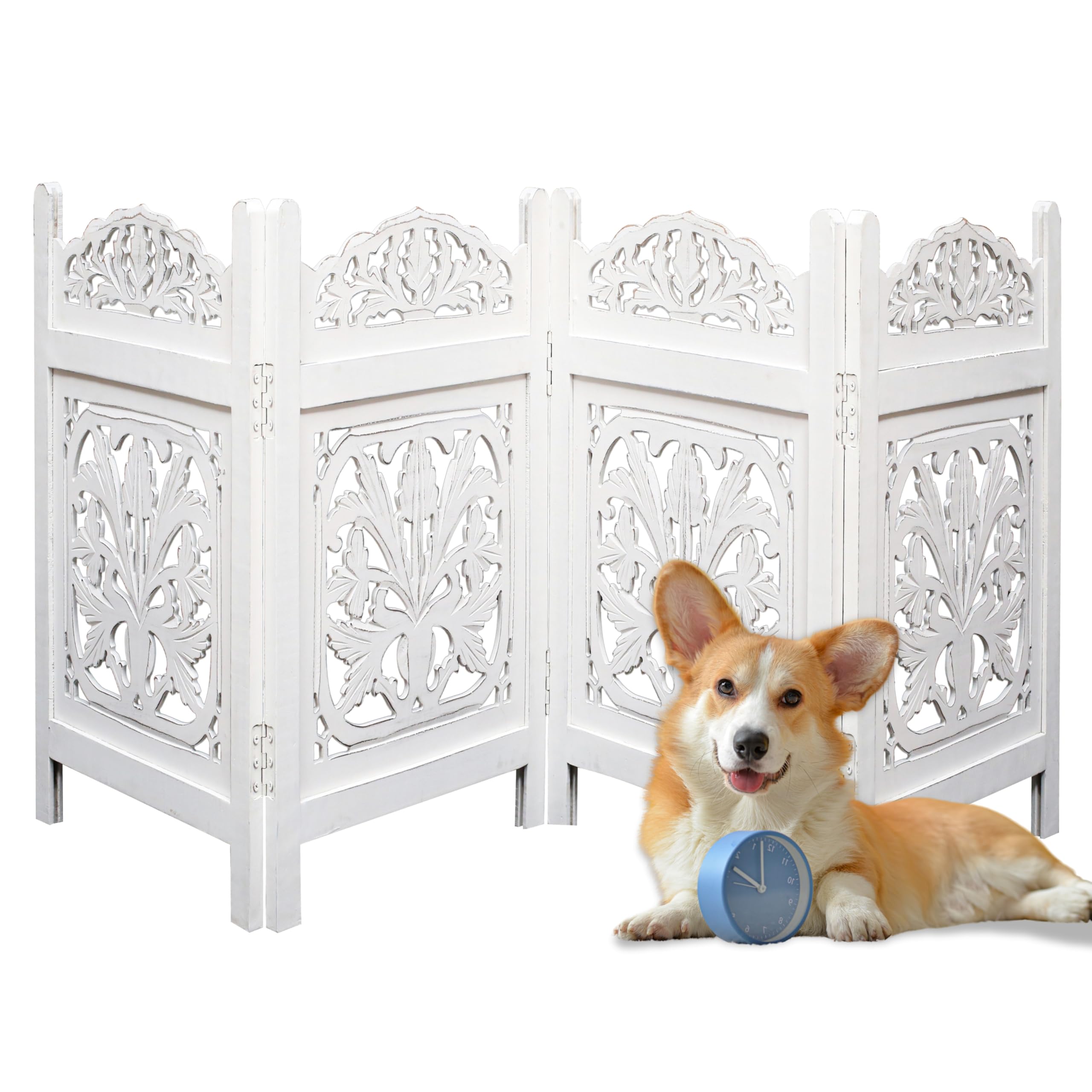Wooden Foldable Pet Dog Safety Gate - 4 Panels 72' Wx24 H- Hand Carved Solid Wood And Mdf Head Gamla - Free Standing Portable I