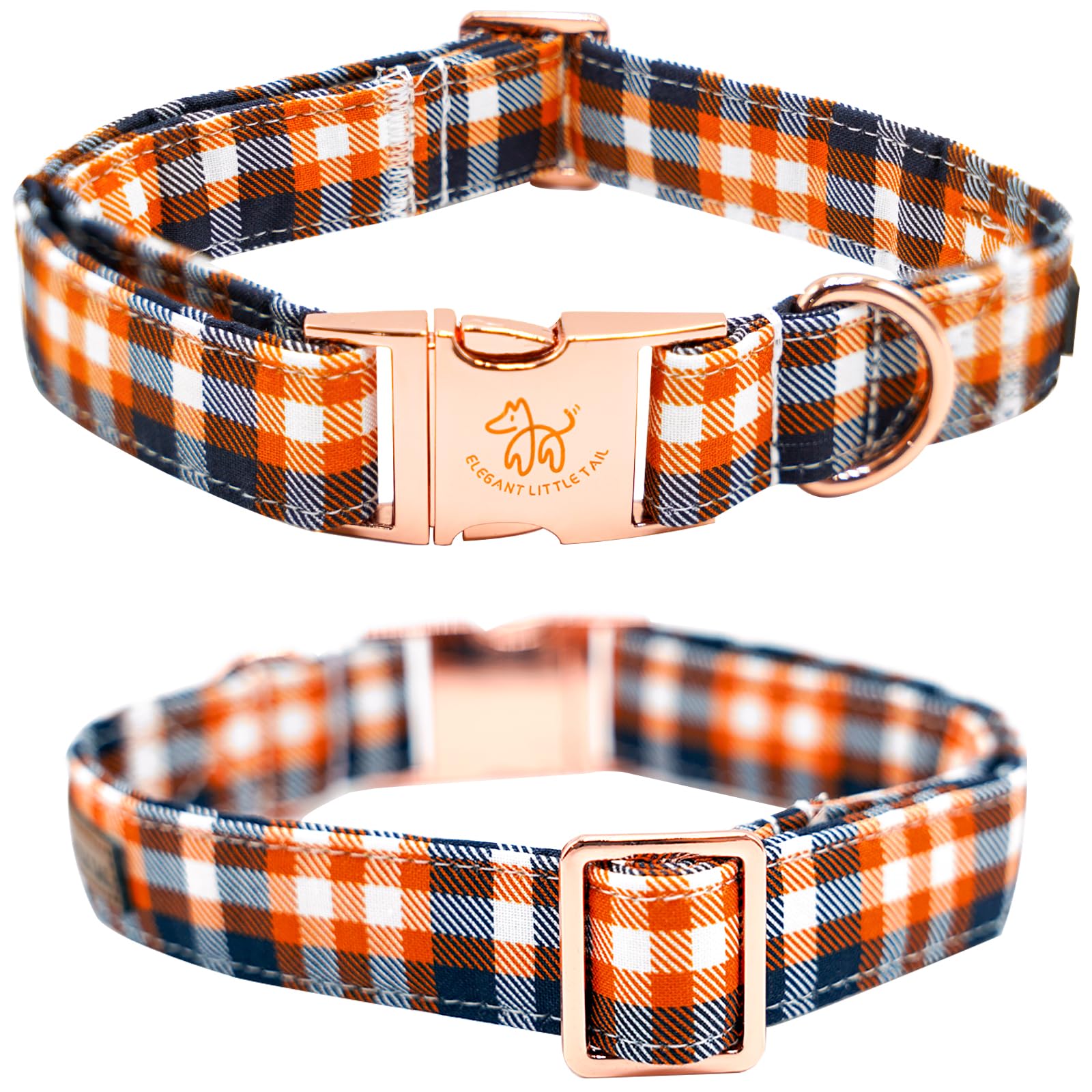 Elegant Little Tail Dog Collar - Orange Plaid Fall Pet Collar With Metal Buckle, Adjustable Cotton Collar For X-Large Dogs, Pupp