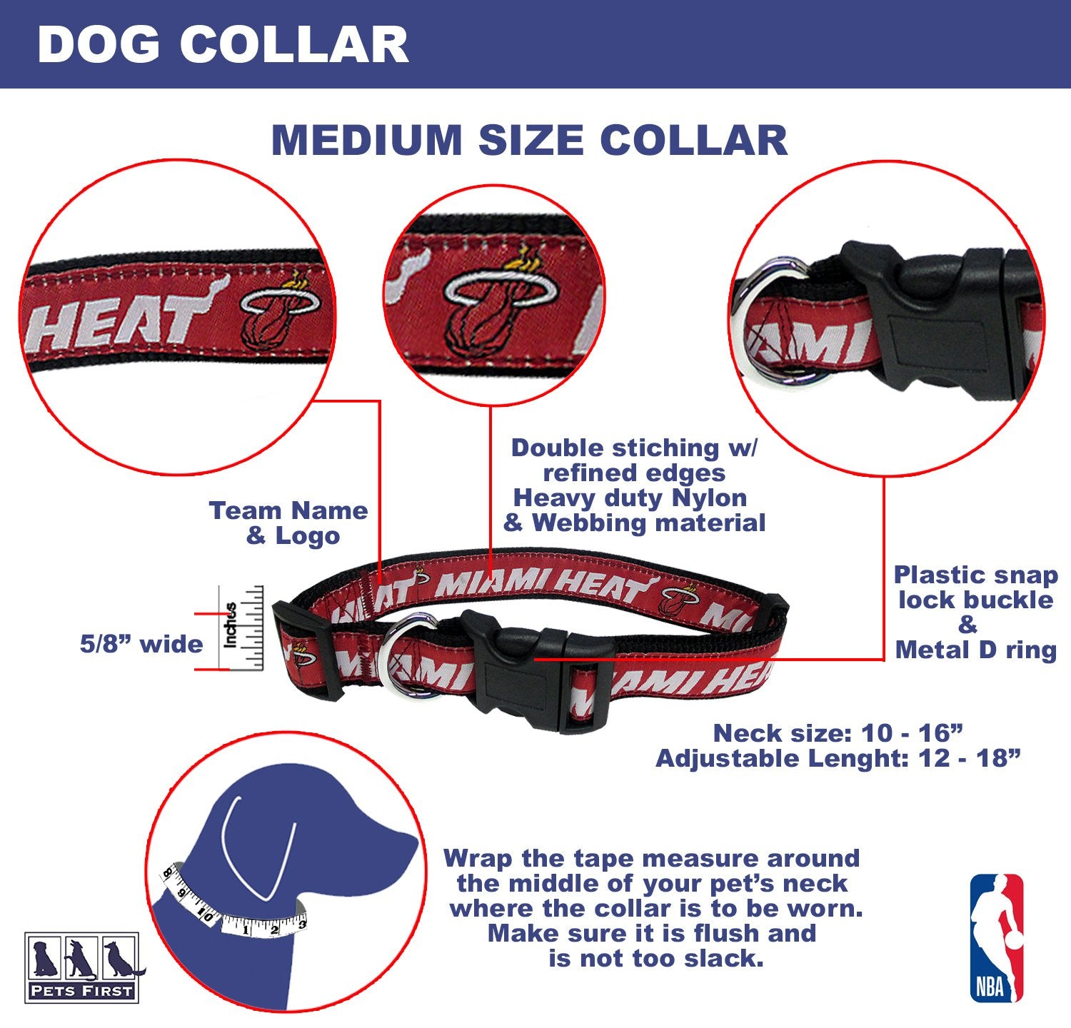 Nba Miami Heat Dog Collar, Size Medium. Best Pet Collar For All Sports Fans