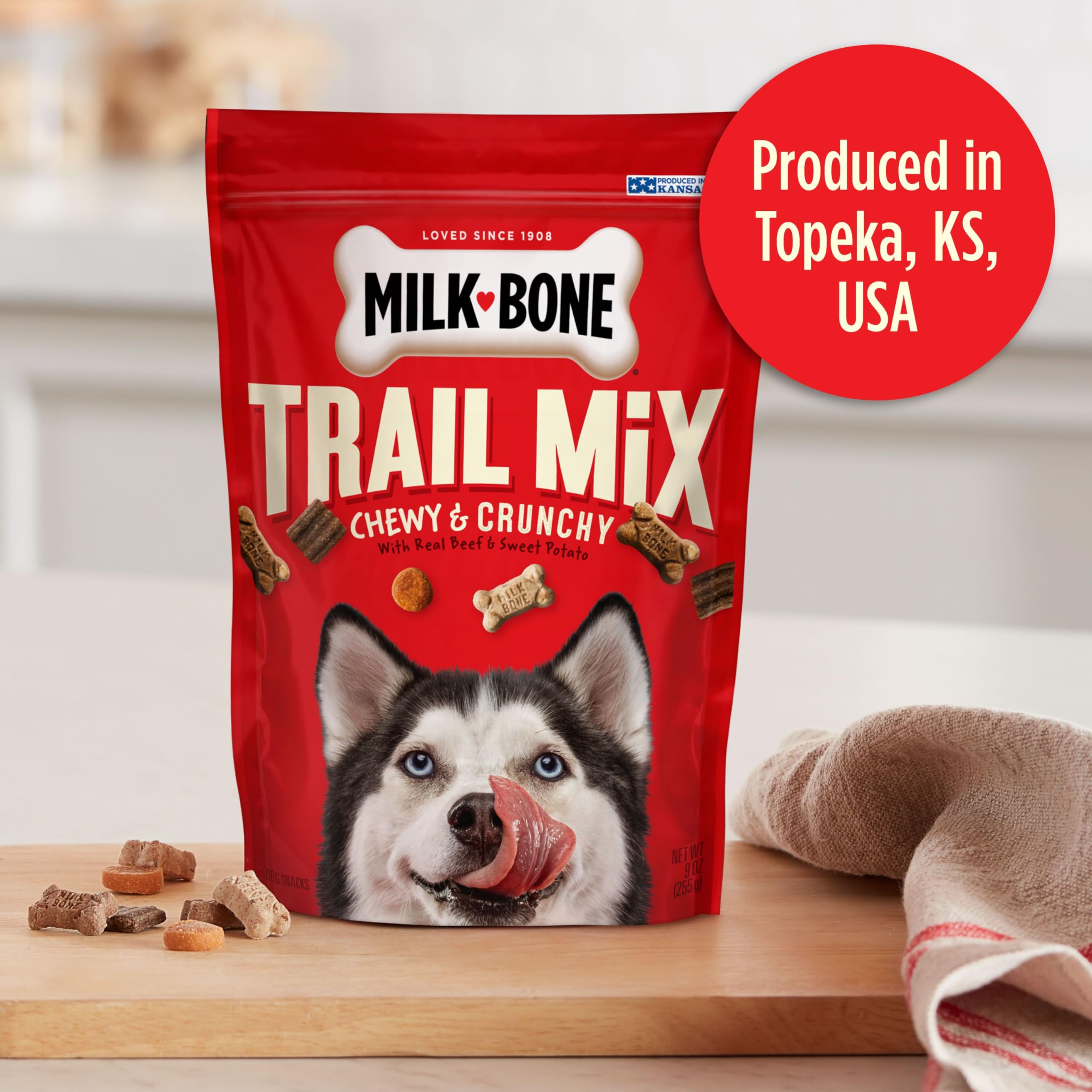 Milk-Bone Trail Mix Chewy & Crunchy Dog Treats, Real Beef & Sweet Potato, 9 Oz Pouches, Pack of 6
