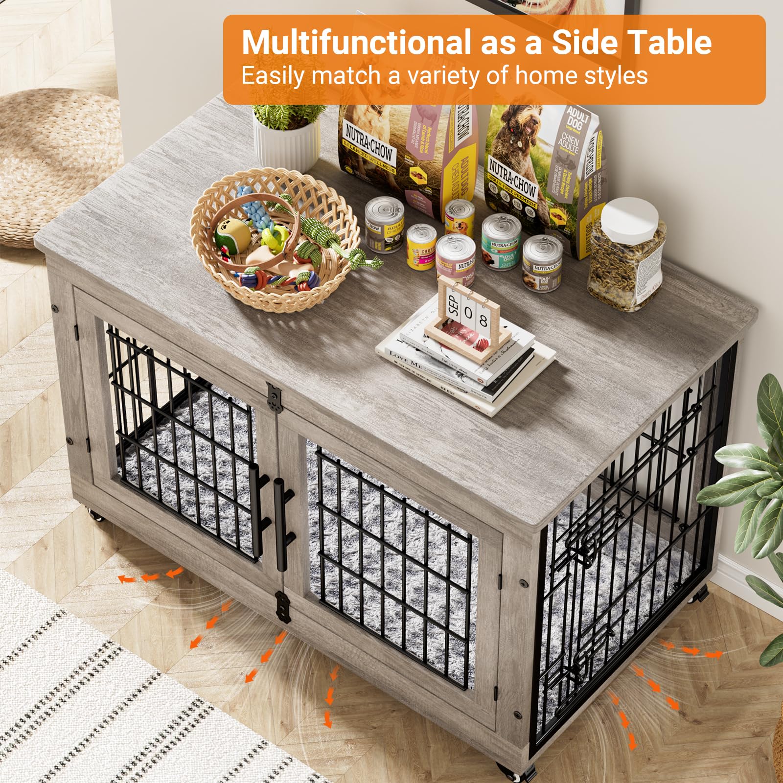 Lulive Dog Crate Furniture Set of 2, Dog Kennel Indoor Double Doors Wooden Dog Cage, 38   Heavy Duty Dog Crate with Cushion &
