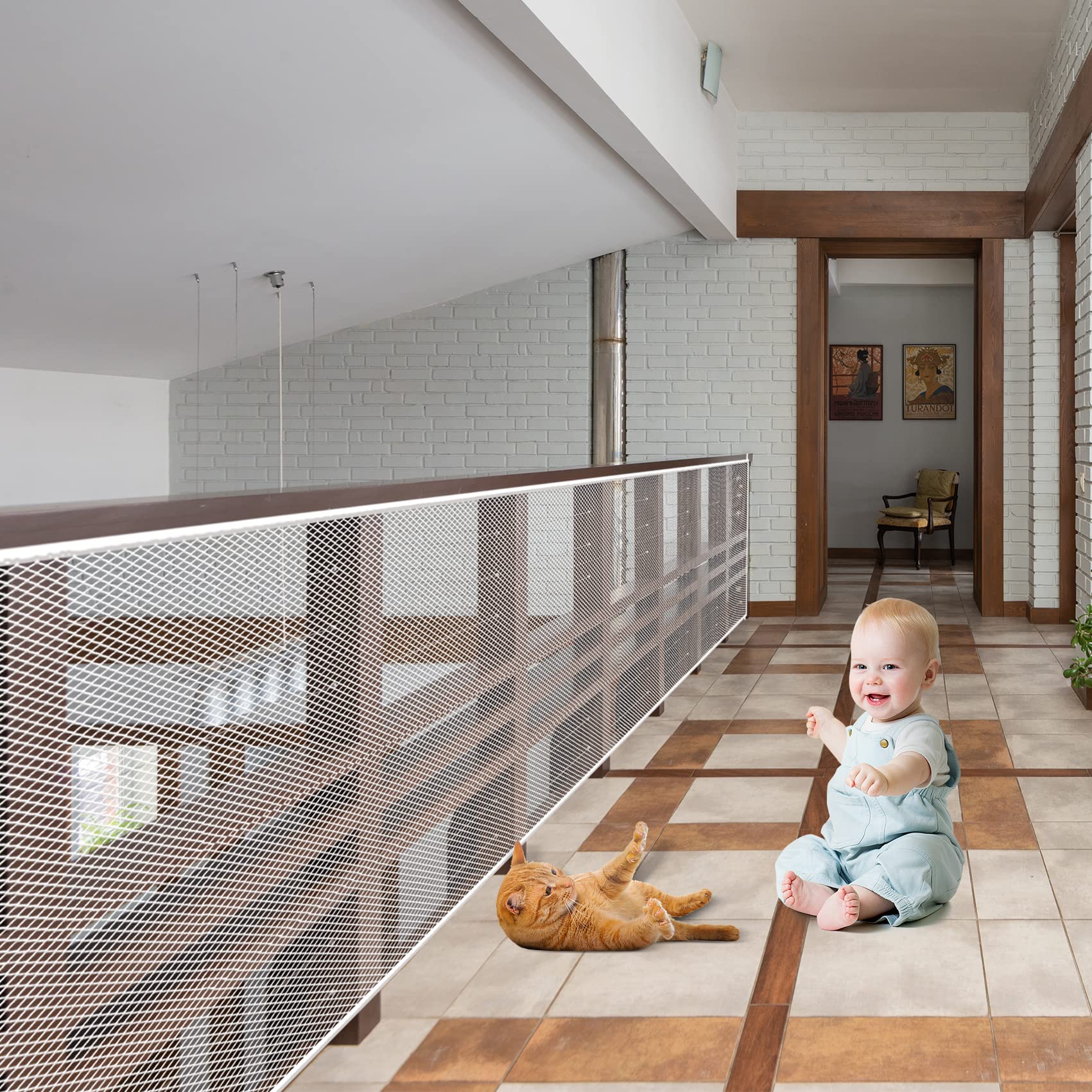 JIFTOK Baby Gate for Stairs, Banister Guard for Kids, Pets, Toys, 18ft L x 2.66 ft H, Mesh Netting Safety Net for Balcony Rail S