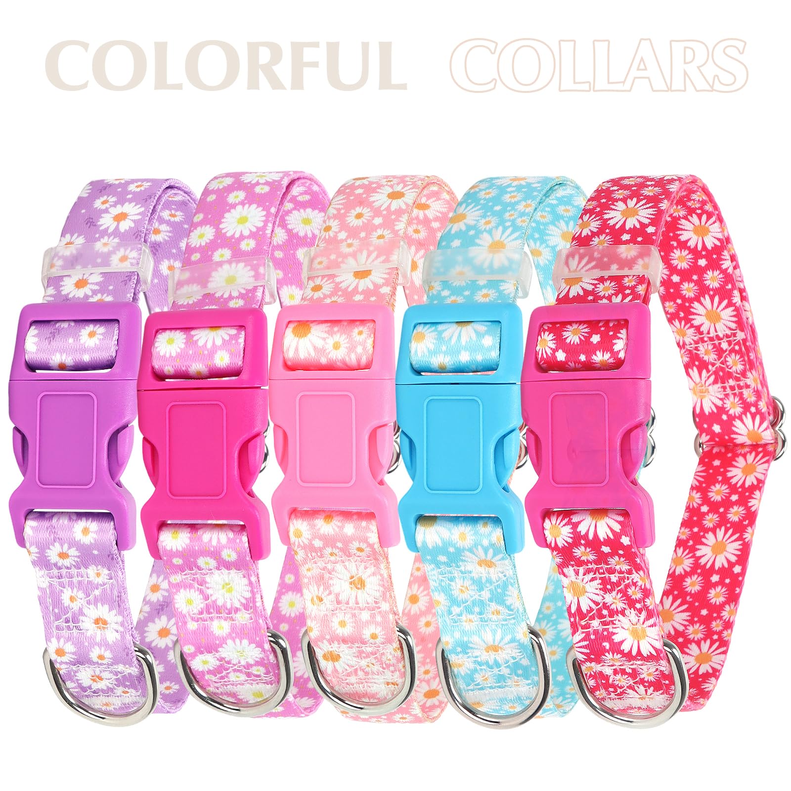 Pink Dog Collars For Medium Dogs, Cute Girl Dog Collar With Daisy Flowers Pattern, Adjustable Heavy Duty Pet Collar With Safety