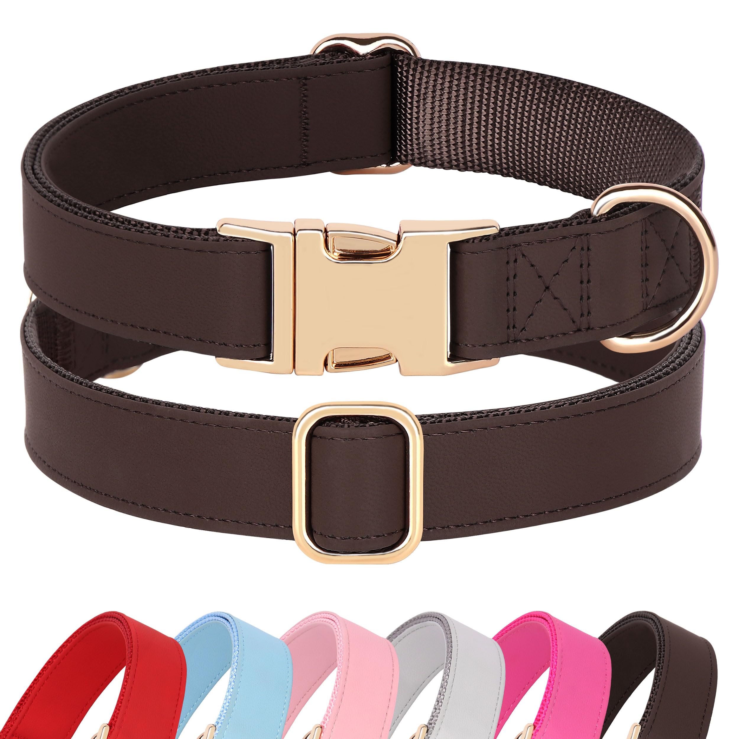 Pet Artist Charming Nylon Dog Collar With Leather Soft Comfy Elegant Nylon Collars For Dogs Small Medium Large 4 Bright Solid Color For Choosing Blue Red Brown Grey(Brown,Neck Fit 16-27'')