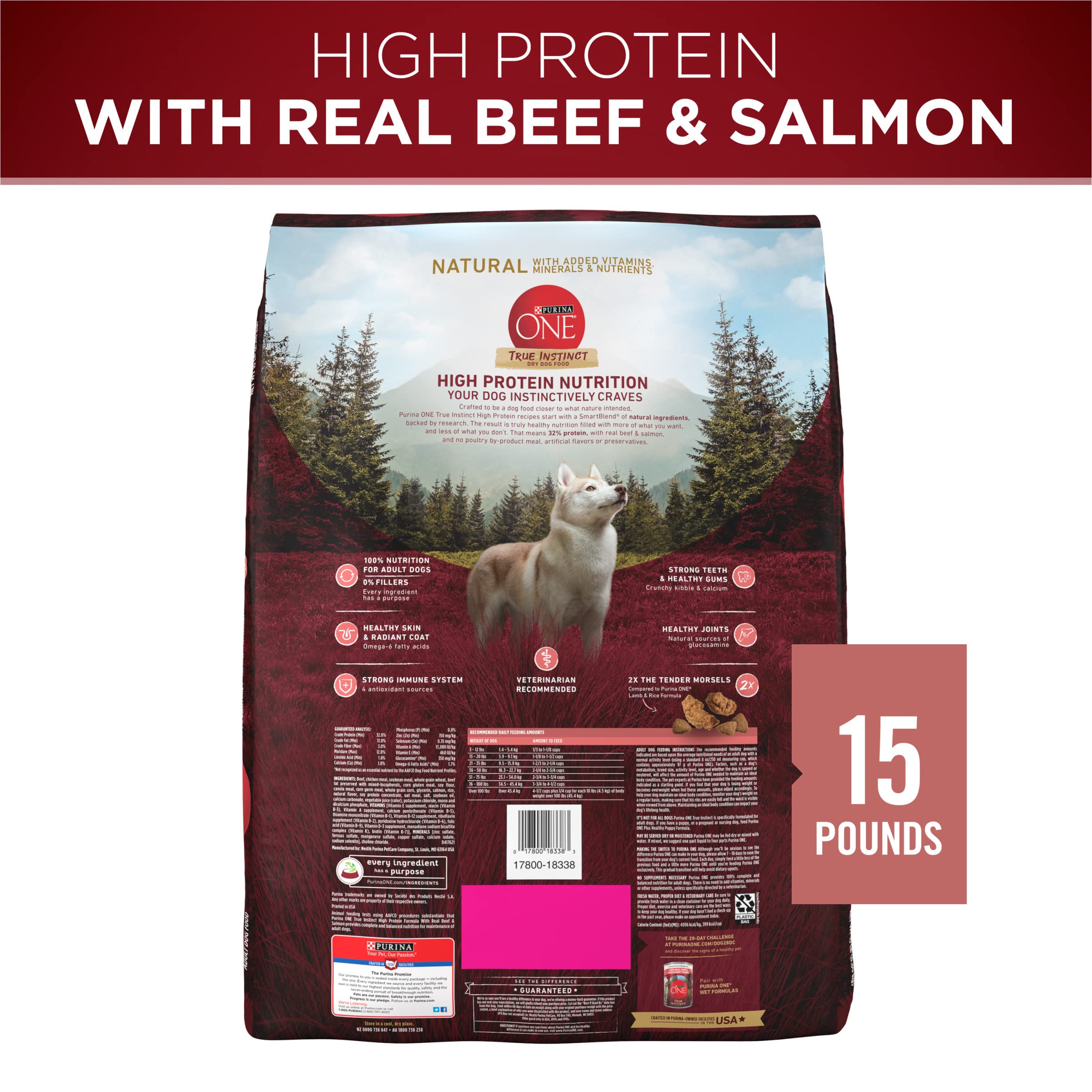 Purina ONE Natural High Protein Dry Dog Food Dry True Instinct with Real Beef and Salmon With Bone Broth and Added Vitamins, Min