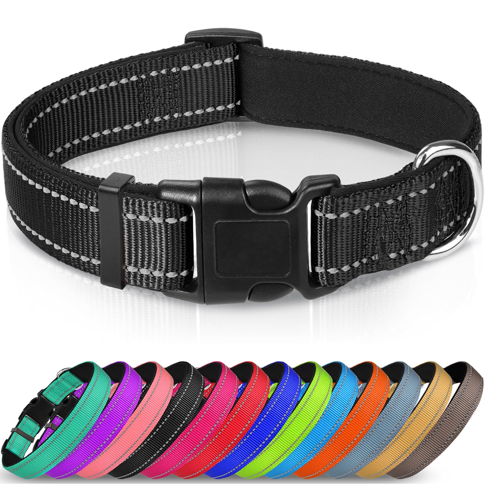 Joytale Reflective Dog Collar,Soft Neoprene Padded Breathable Nylon Pet Collar Adjustable For Medium Dogs,Black,M