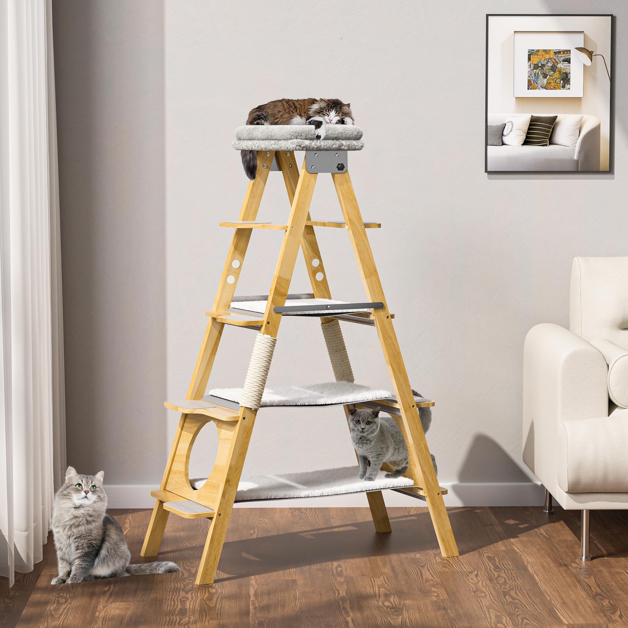 Gdlf Modern Wood Cat Tree Foldable Ladder Design With Hammock & Sisal Scratch Post, Solid Wood Tall Tower For Large Cat Easy Cle