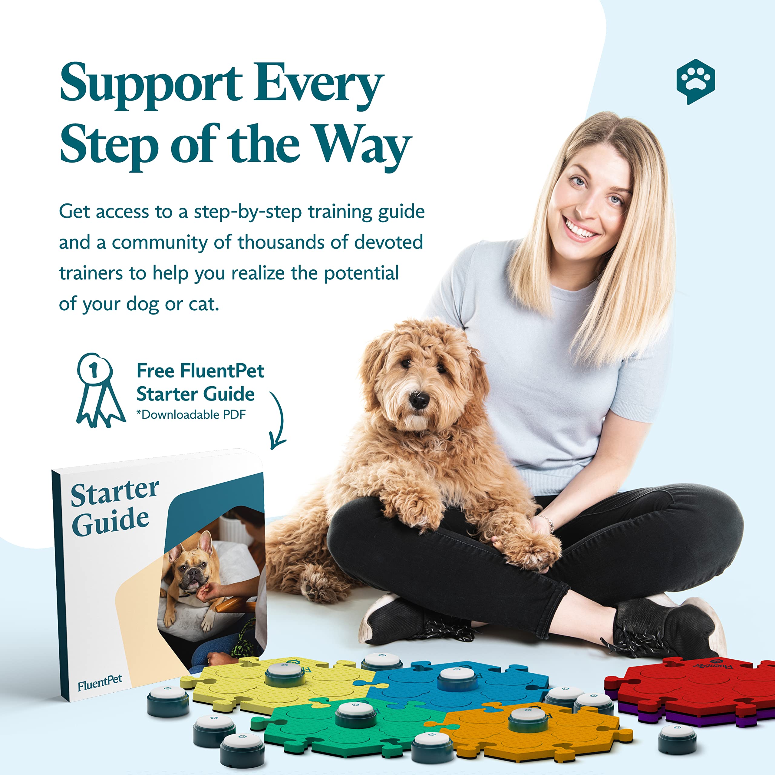 FluentPet Basic Vocab Kit - 12 Recordable Buttons & 6 HexTiles for Dog & Cat Communication - Customizable Talking Button Set