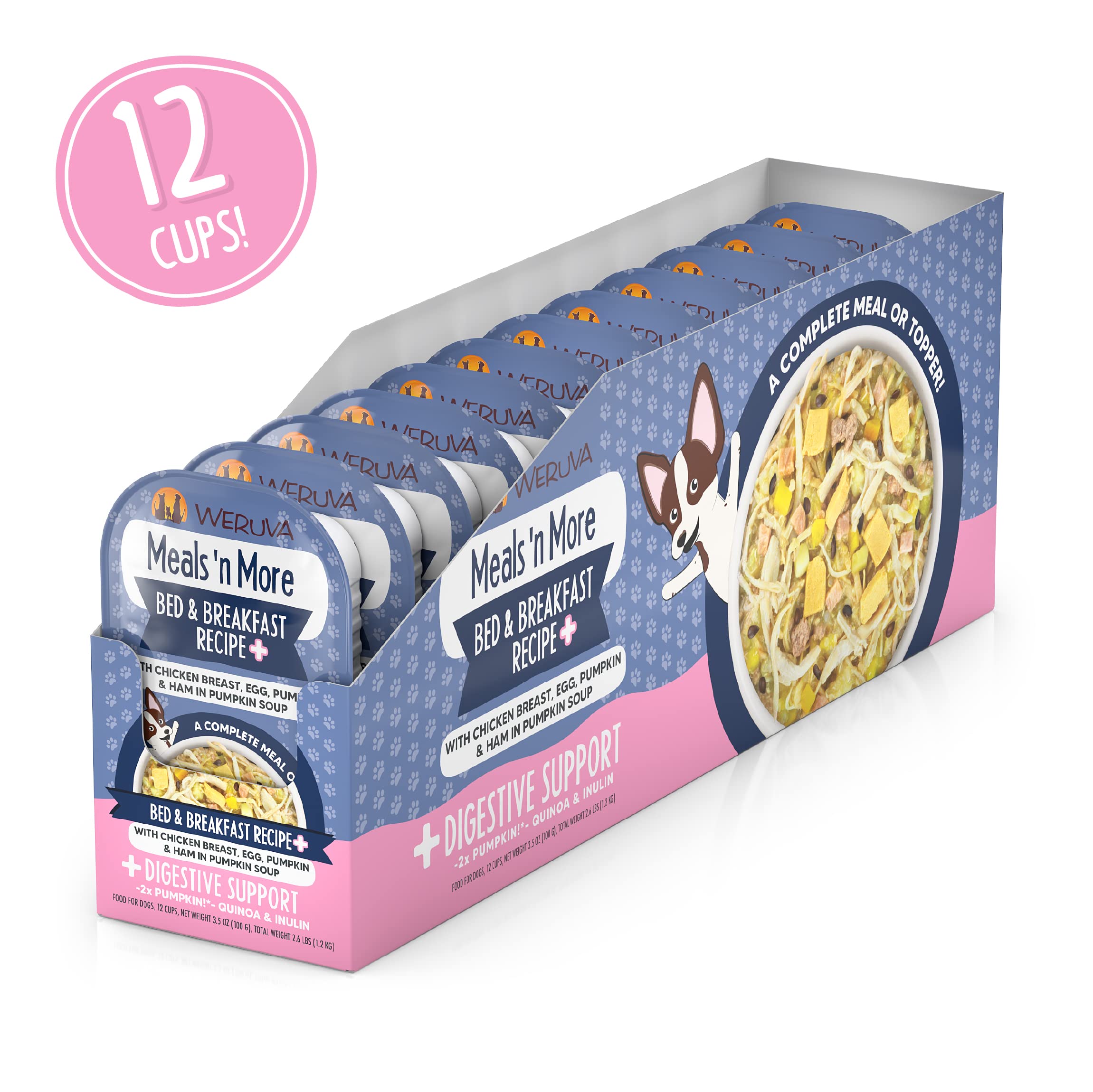 Weruva Meals n More Natural Wet Dog Food, Bed & Breakfast Plus Digestive Support, 3.5oz Cup (Pack of 12)