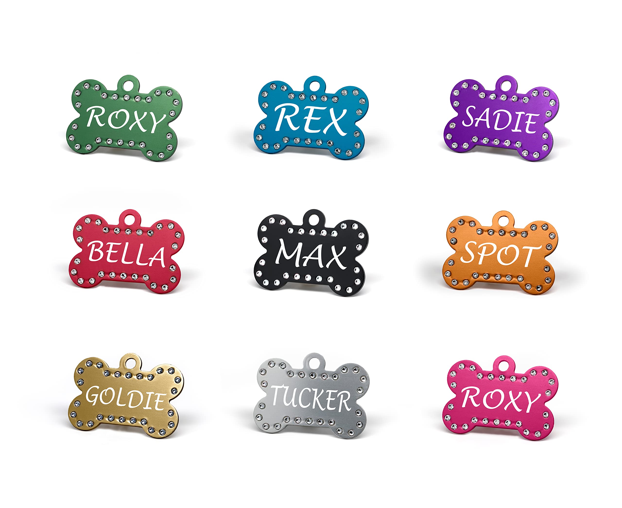 Custom Engraved Pet Id Tags With Swarovski Crystal - 1.5' Long X 1' Tall, Anodized Aluminum, Bone Shape, Pink