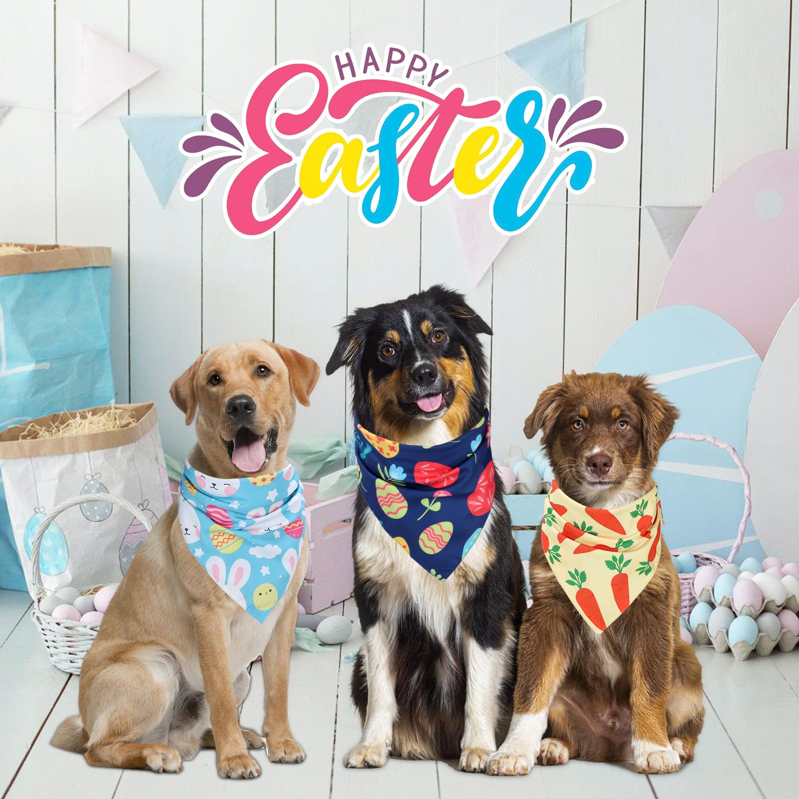 Fhtonge Easter Dog Bandanas Double Layer, 3 Pack Reversible 6 Pattern Dogs Holiday Bandanna With Easter Egg Bunny Pattern, Dog F