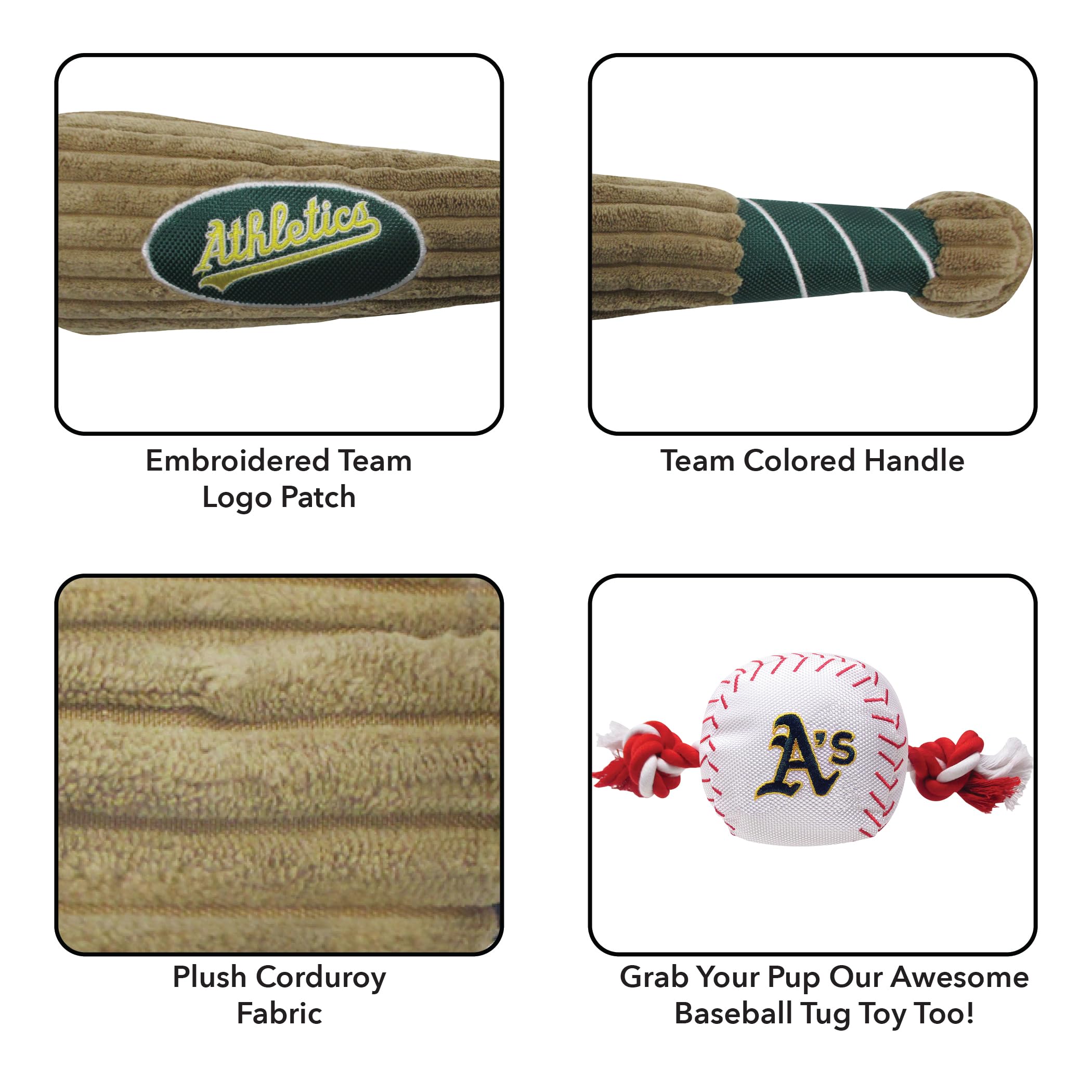 Mlb Oakland Athletics Baseball Bat Toy For Dogs & Cats. Soft Corduroy Plush Dog Toy With Inner Squeaker, Mlb Chew Toys For Dogs