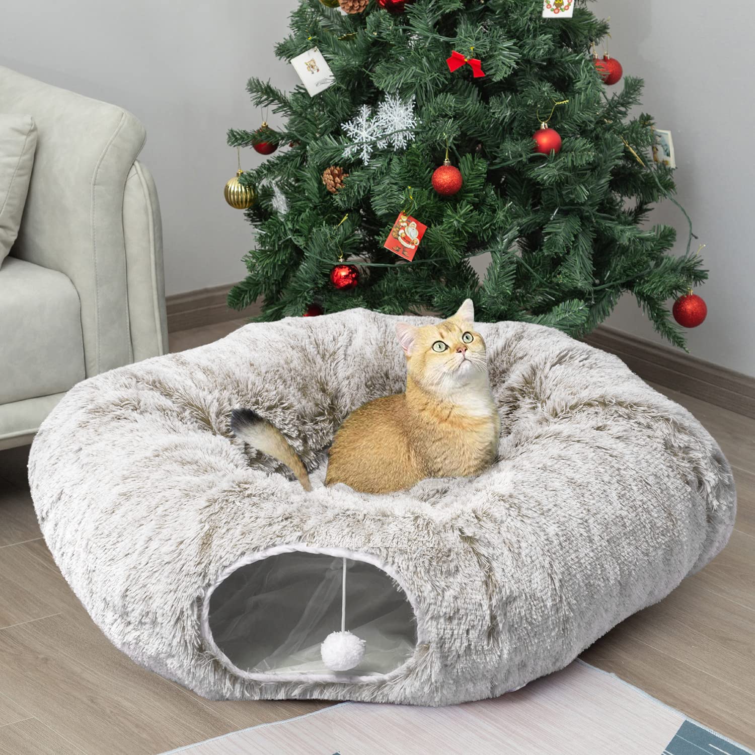 Auoon Cat Tunnel Bed With Central Mat,Big Tube Playground Toys,Soft Plush Material,Full Moon Shape For Kitten,Cat,Puppy,Rabbit,Ferret (Khaki)