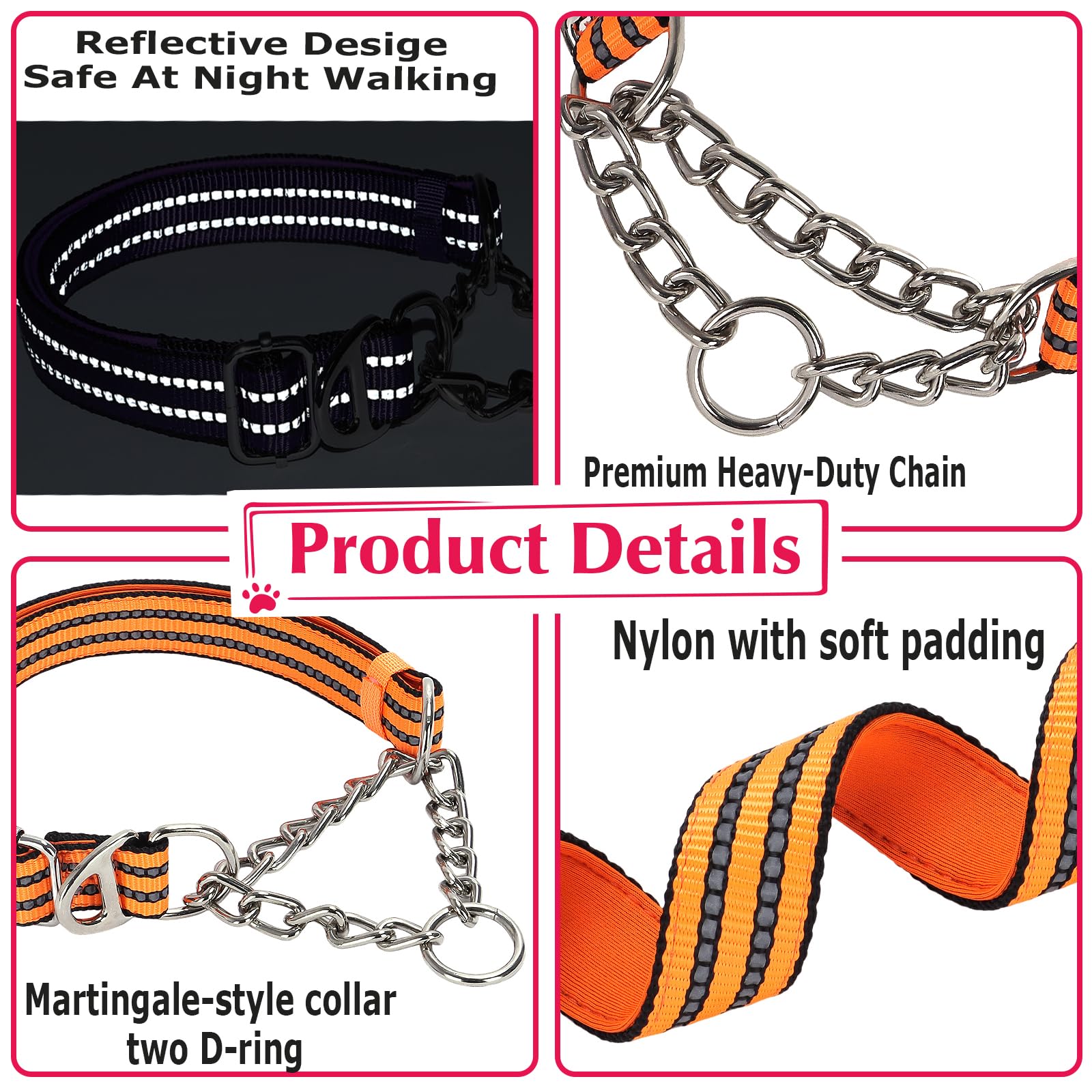 Martingale Collar For Dogs With Soft Padded,Trainer Approved Limited Slip Collar With Steel Chain,Reflective Adjustable Choke Do