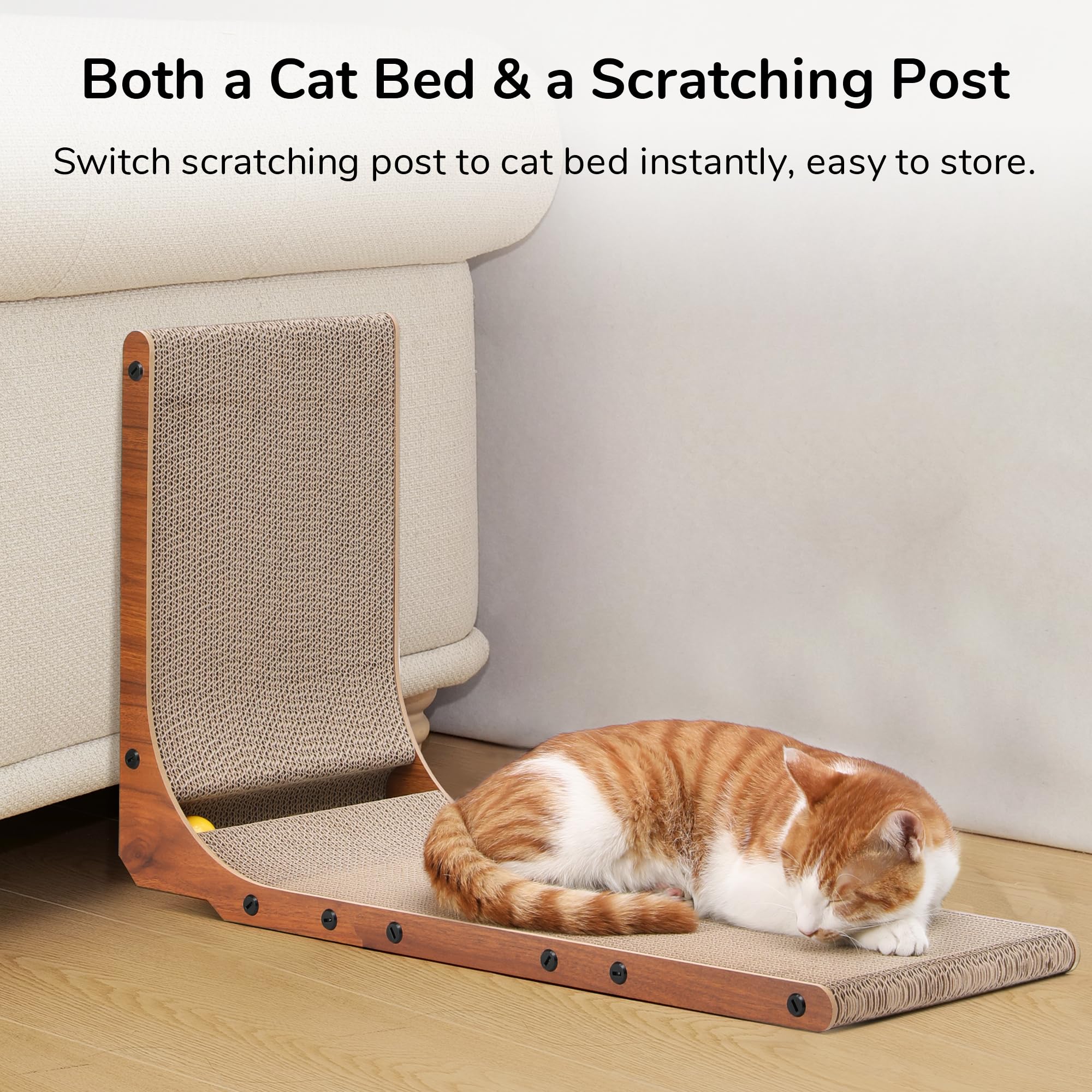 FUKUMARU Cat Scratcher, 26.8 Inch Cat Scratch Pad for Indoor Cats, L Shaped Cardboard Vertical Cats Scratching Board with Ball T