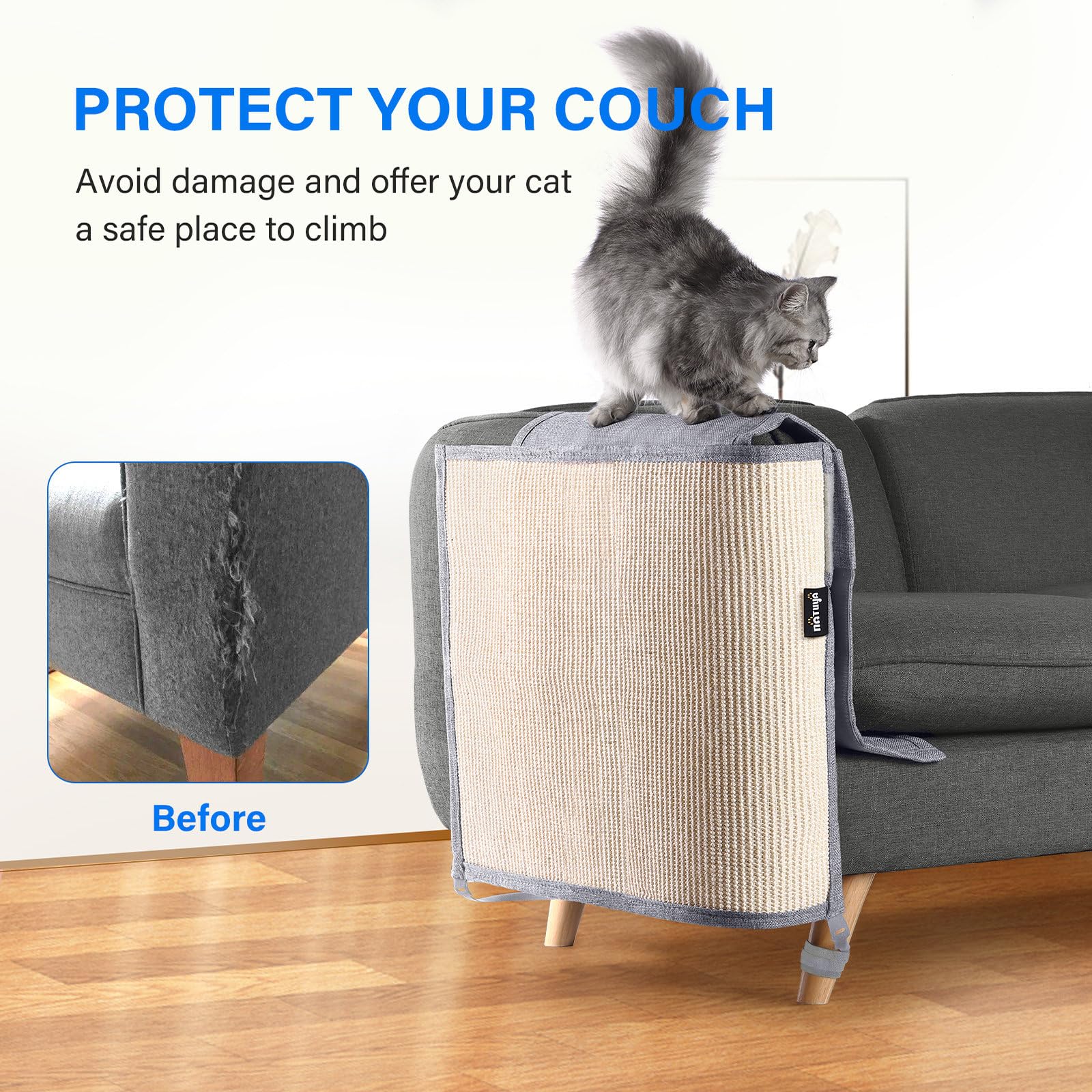 NATUYA Couch Protector - Cat Scratch Furniture Shield with Sisal Pad, Light Gray, Model 001