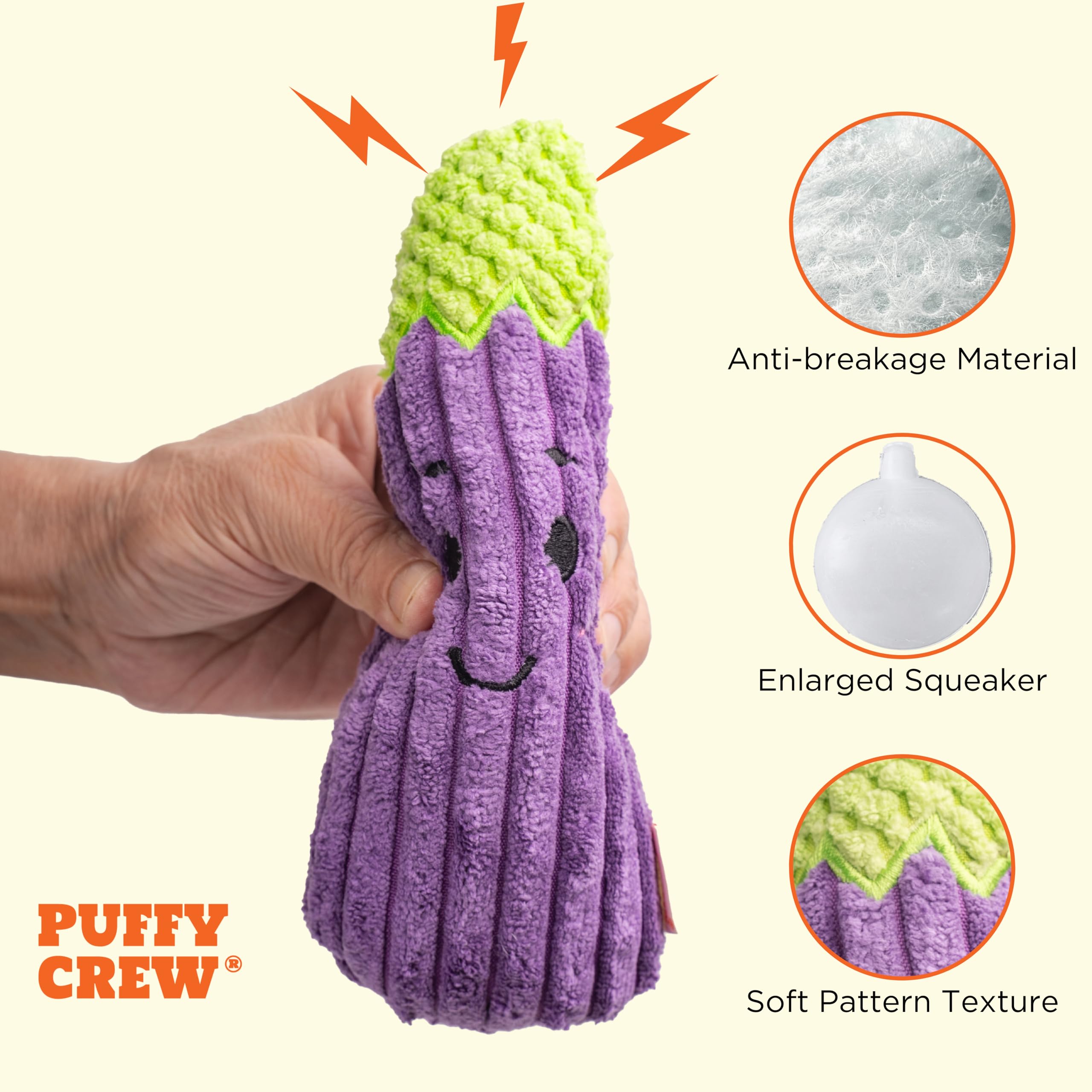 Puffy Crew Squeaky Dog Plush Toy, Bite_Stick Collection, 8'', For Small And Medium Dogs (Eggplant)