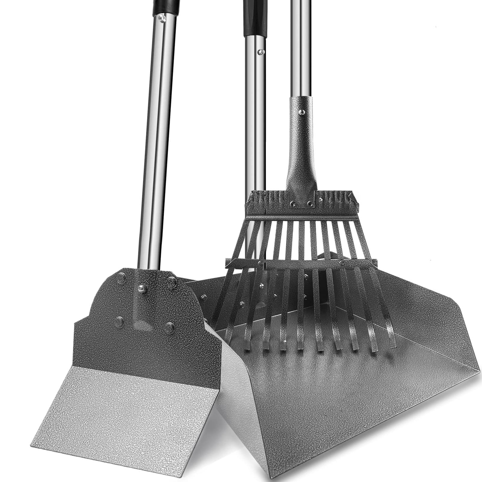 Dog Pooper Scooper For Large Dogs, 3 Pack Adjustable Long Handle Metal Tray, Rake And Spade Poop Scoop With Bin For Pet Waste Re