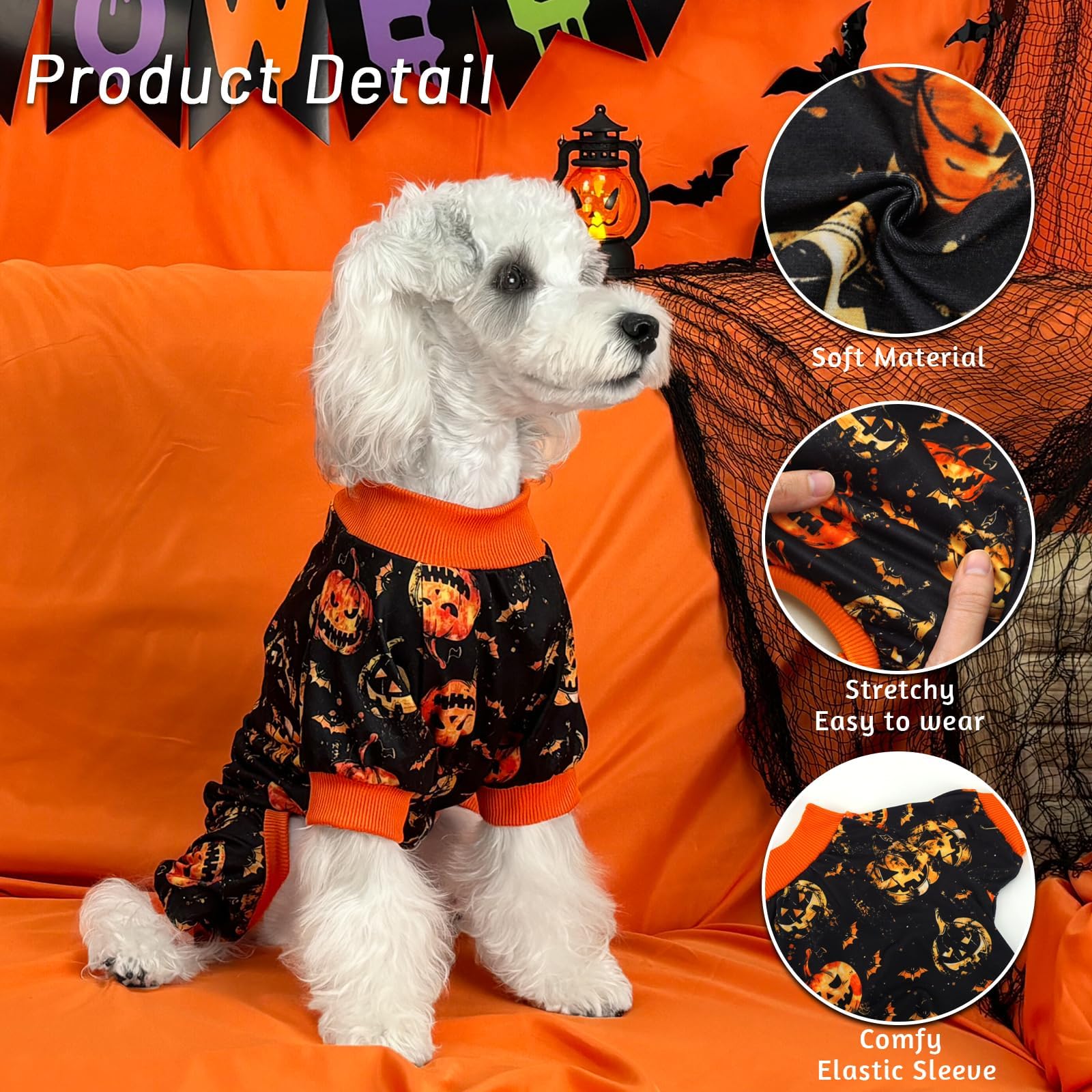 Xpudac Halloween Dog Pajamas Costume For Small Medium Dogs Pumpkin Clothes Soft Puppy Pjs Pet Outfit, Small