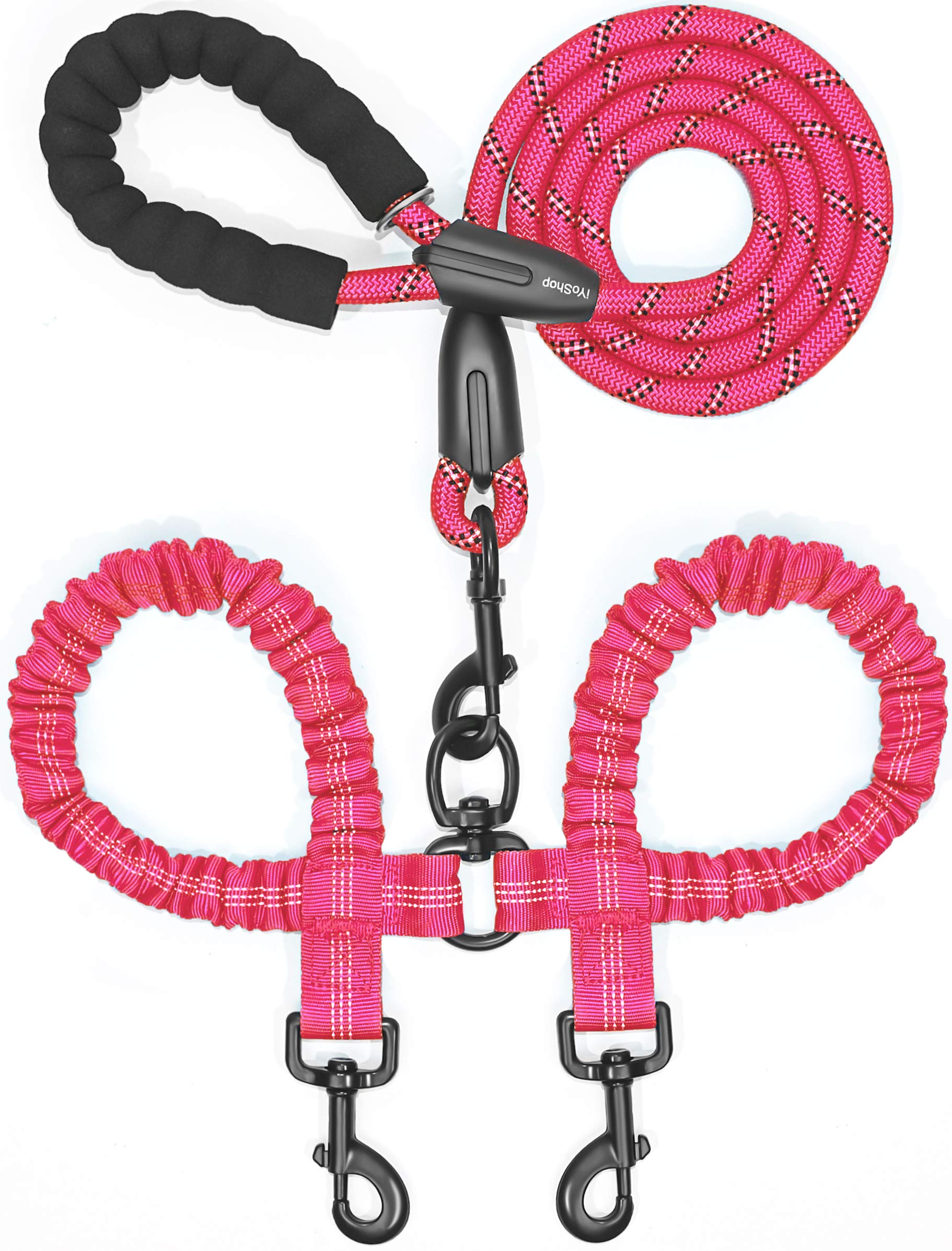 Iyoshop Dual Dog Leash, Double Dog Leash, 360 Swivel No Tangle Walking Leash, Shock Absorbing Bungee For Two Dogs, Pink, Large (25-150 Lbs)