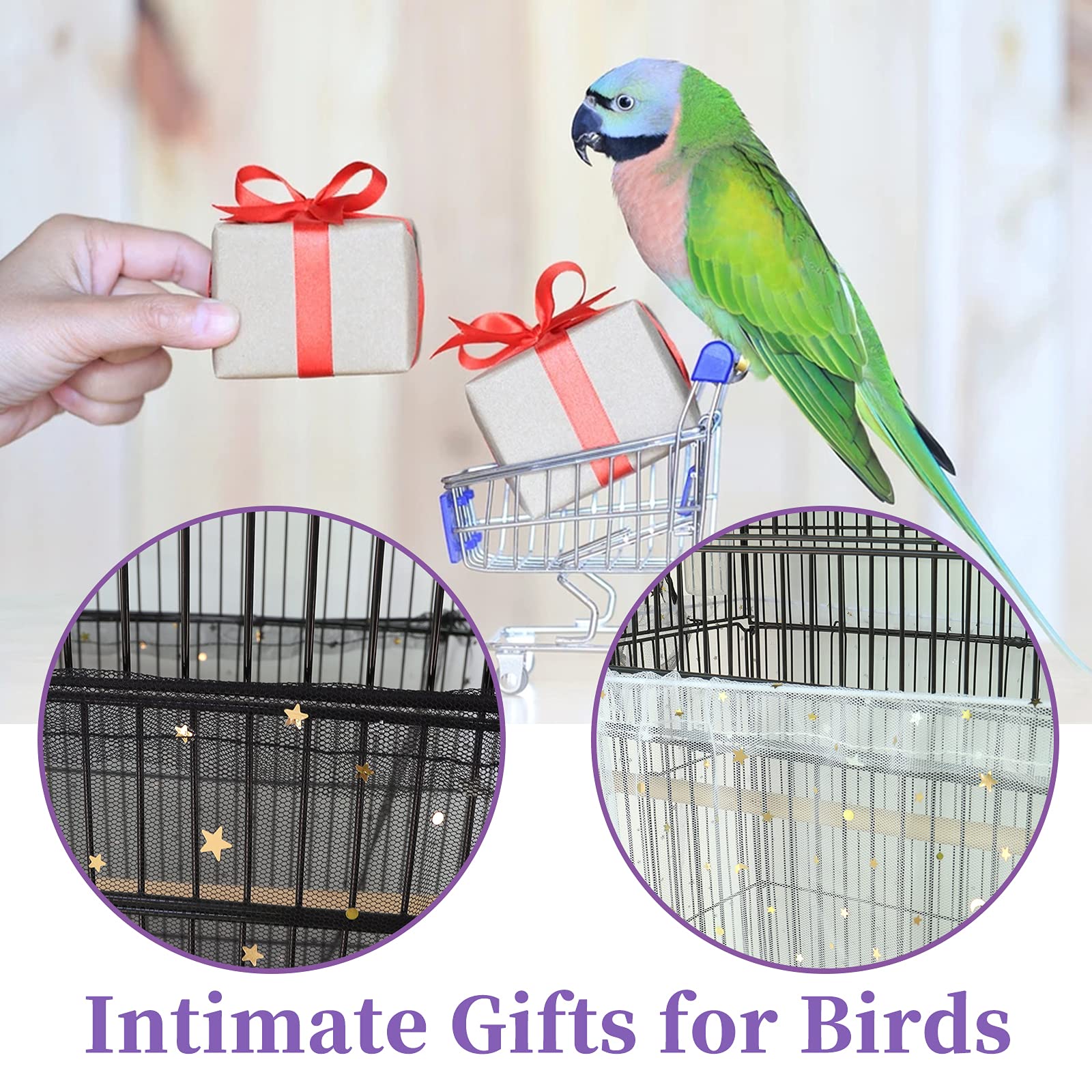Daoeny 2Pcs Bird Cage Cover, Adjustable Bird Cage Seed Catcher, Large Soft Nylon Mesh Net With Twinkle Moon Star, Birdcage Cover Skirt Seed Guard For Parrot Parakeet Macaw Round Square Cages