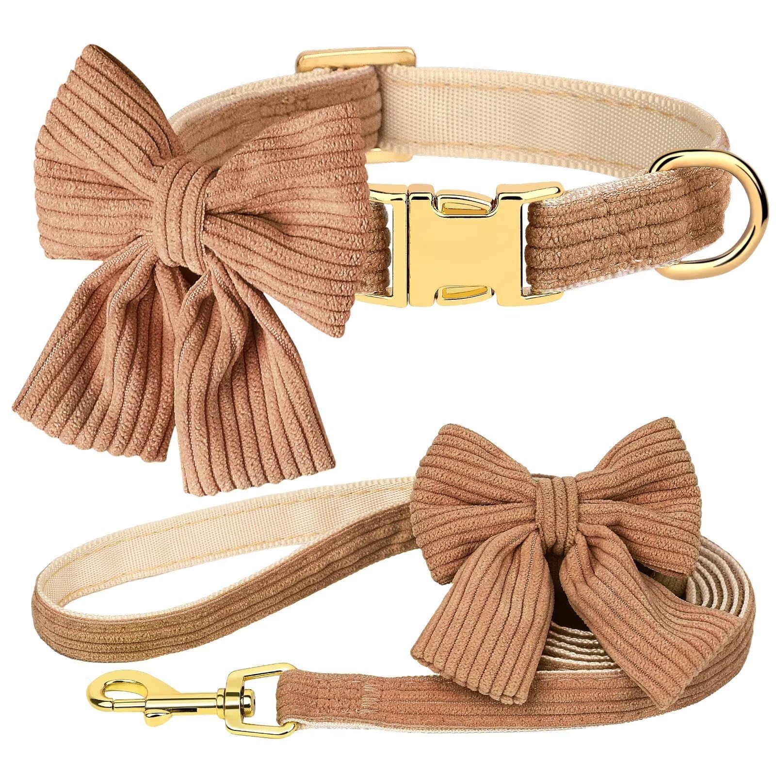 Didog Dog Collar And Leash Set With Bowtie, Girl Dog Collars Metal Buckle Adjustable For Small Medium Dogs(Brown, S)