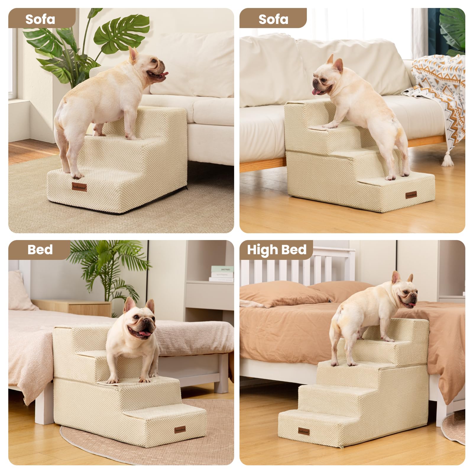 Aodisman Dog Stairs for Small Dogs & Cats, 3-Step Extra Wide Non-Slip Pet Steps for Couch Sofa and Chair, Beige, 15.7 H