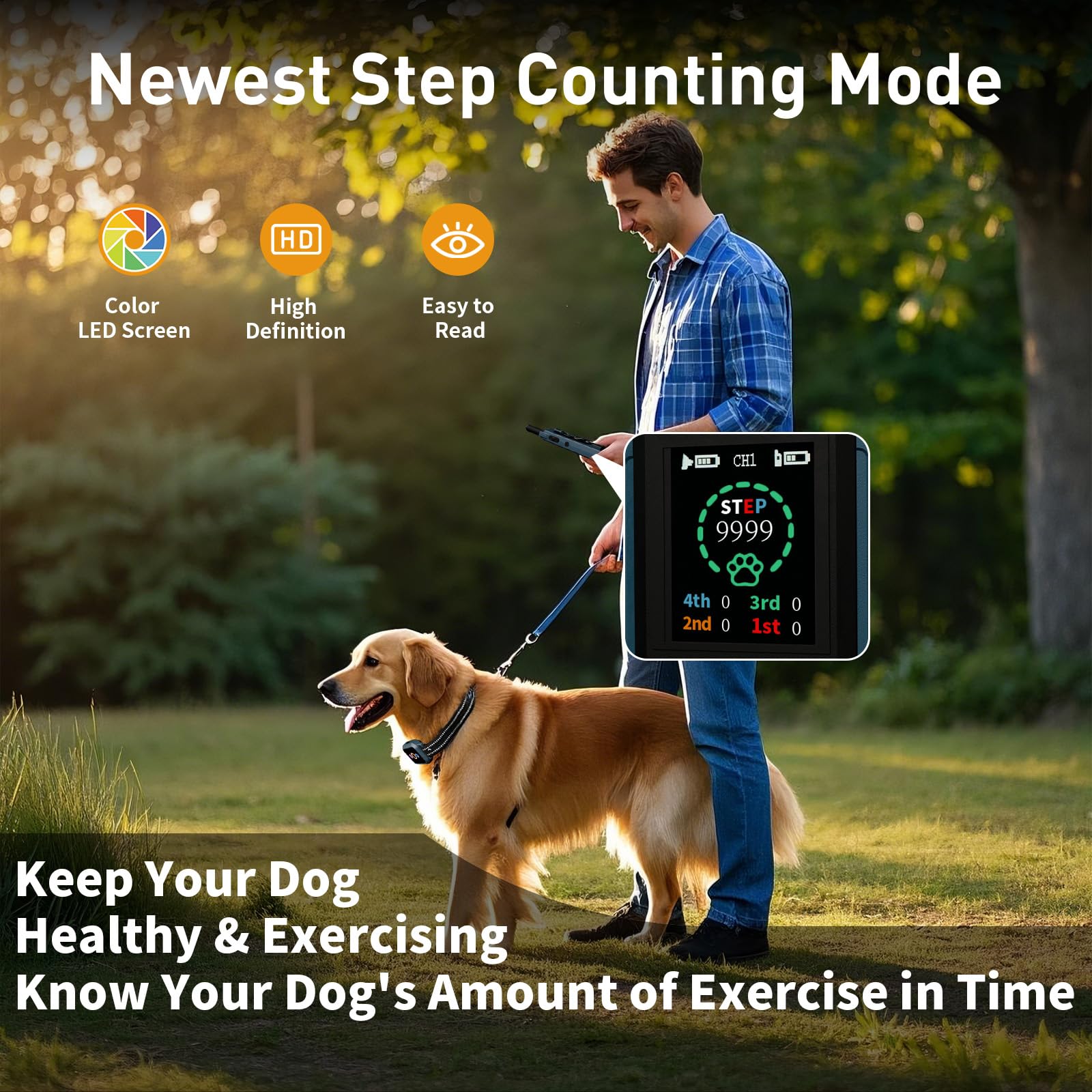 Dog Shock Collar with Remote Control - 3300FT Dog Training Collar with 5 Modes Step Counting & Light & Beep & Vibration & Shock,