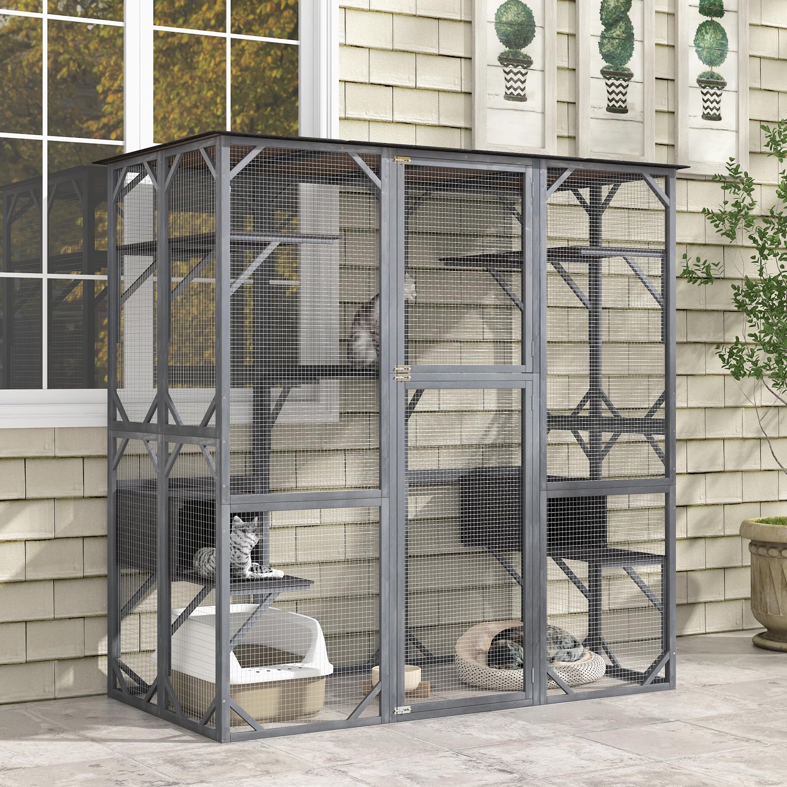 Tangkula Catio Outdoor Cat Enclosure Large, 71 Inch Outdoor Cat House Weatherproof With Asphalt Roof, Wooden Cat Cage Playpen With 7 Jumping Platforms & 2 Resting Boxes, Walk-In Cat Kennel Condo