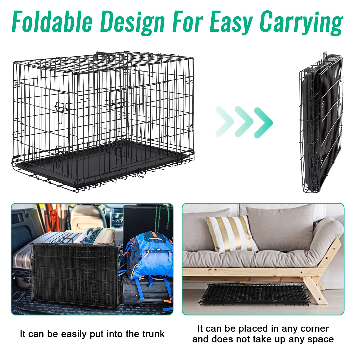 Fdw Dog Crate Dog Cage Pet Crate For Large Dogs 42Inch Folding Metal Pet Cage Double Door W/Divider Panel Indoor Outdoor Dog Kennel Leak-Proof Plastic Tray Wire Animal Cage
