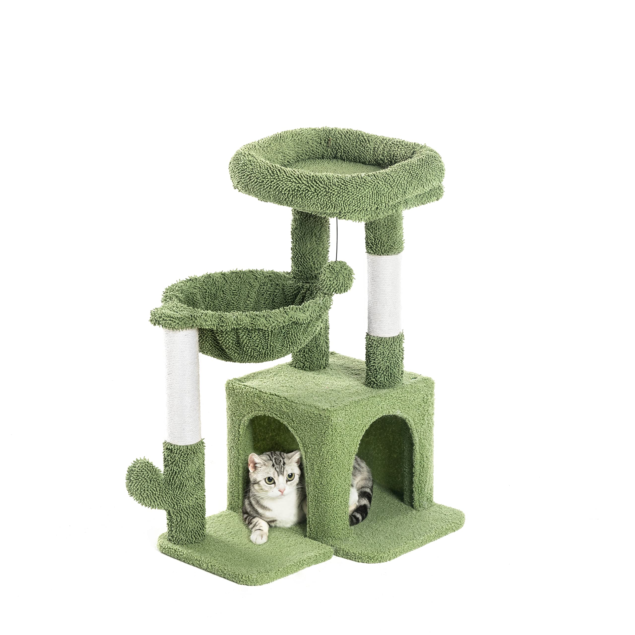 Pesofer Cactus Cat Tree, Small Cat Tower With Sisal Scratching Post And Hammock Green
