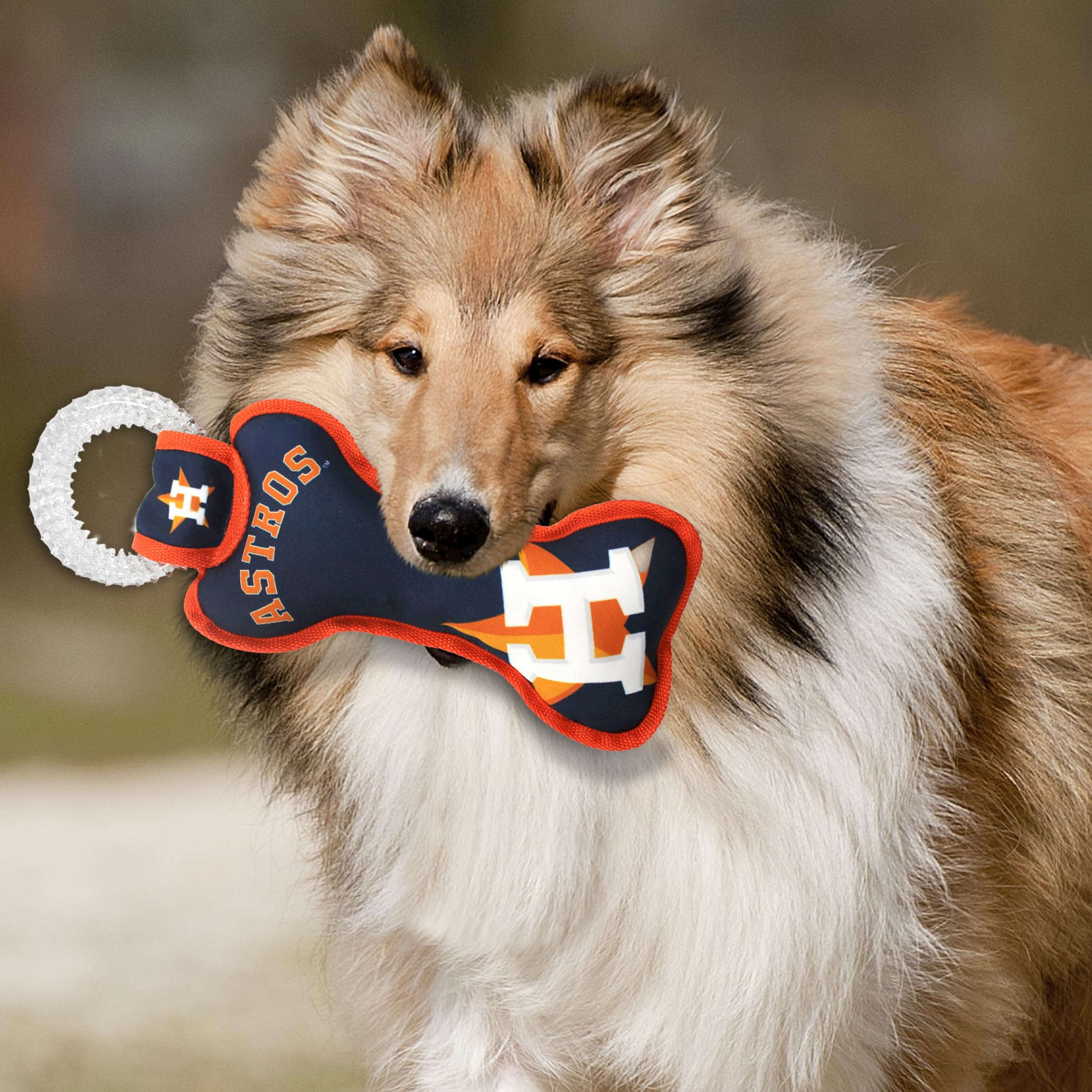 Mlb Houston Astros Bone Shaped Dental Dog Tug Toy With Squeaker. Tough Pet Toy For Healthy Fun, Teething, And Cleaning Pet'S Tee