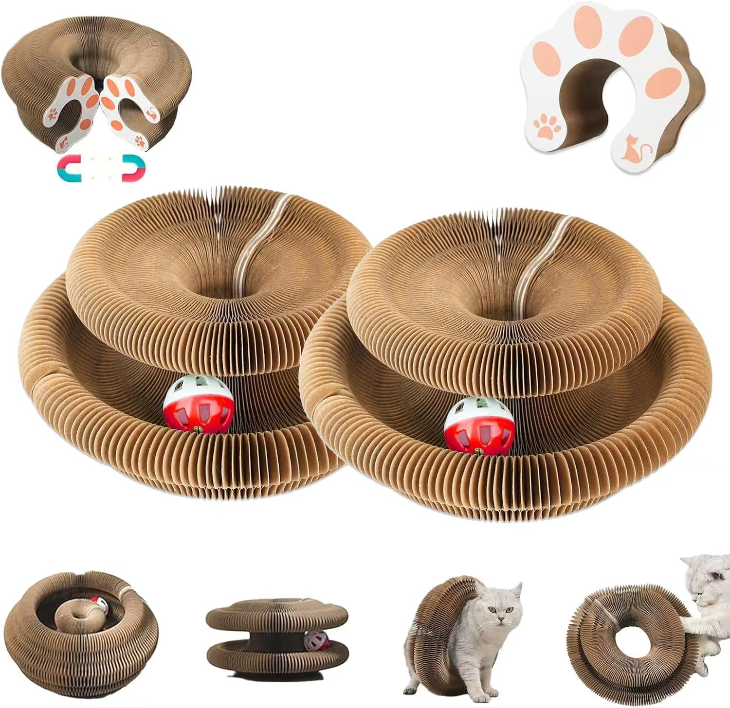 Fotn Kitty Curlz Cat Toy, Magic Organ Cat Interactive Scratcher Cardboard With Bell Ball, Foldable & Changeable Accordion Shape 