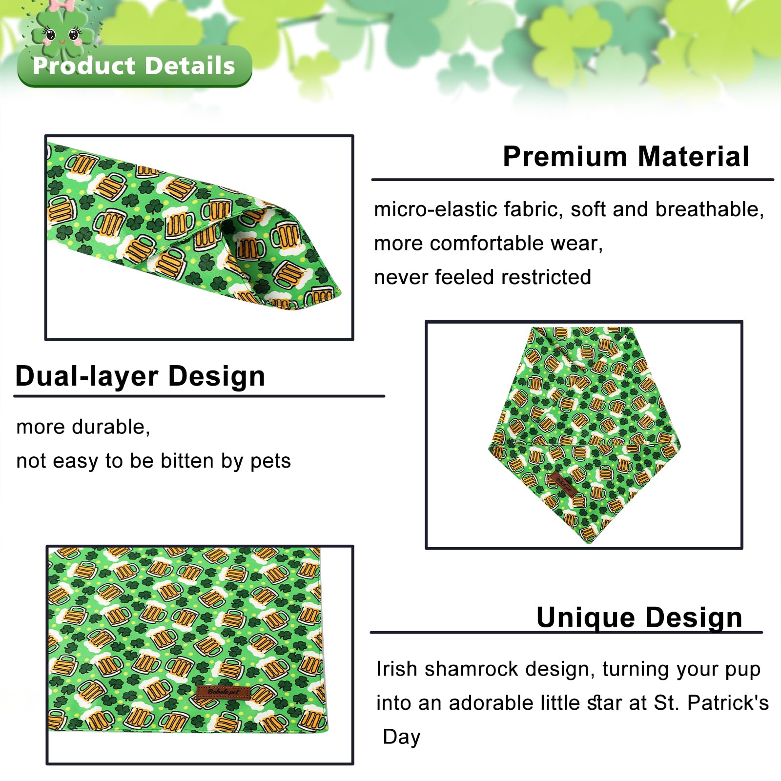 Babole Pet St Patricks Day Dog Bandanas 2 Pack, Green Beer Clover & Black Clover Pattern St Patricks Dog Scarf Bib For Boy And G