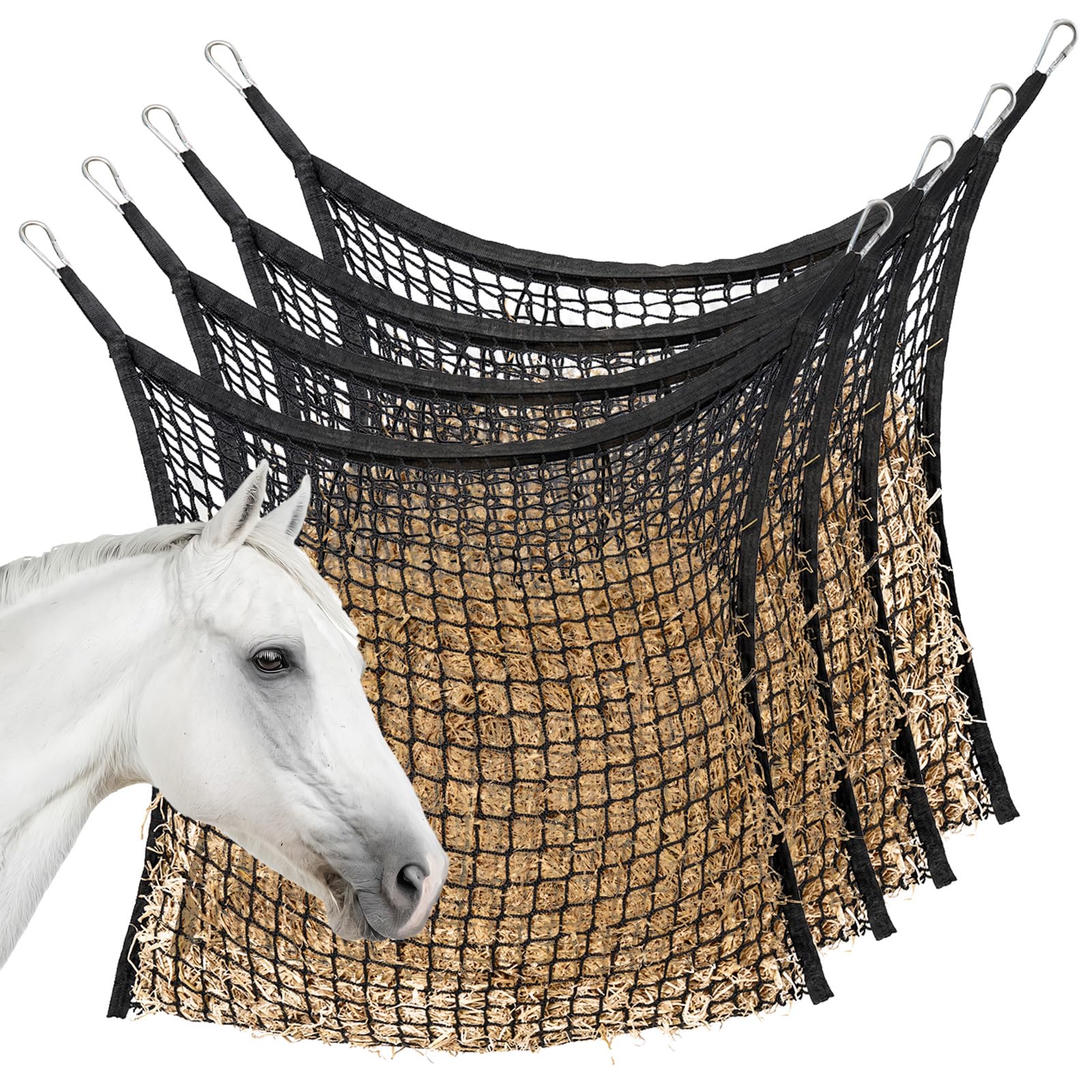 MKO SHUN 4 PCS Slow Feed Hay Net for Horses, Large Capacity Hay Bags for Horses Goats Sheep Donkey Trailer Full Day Feeding, Eas