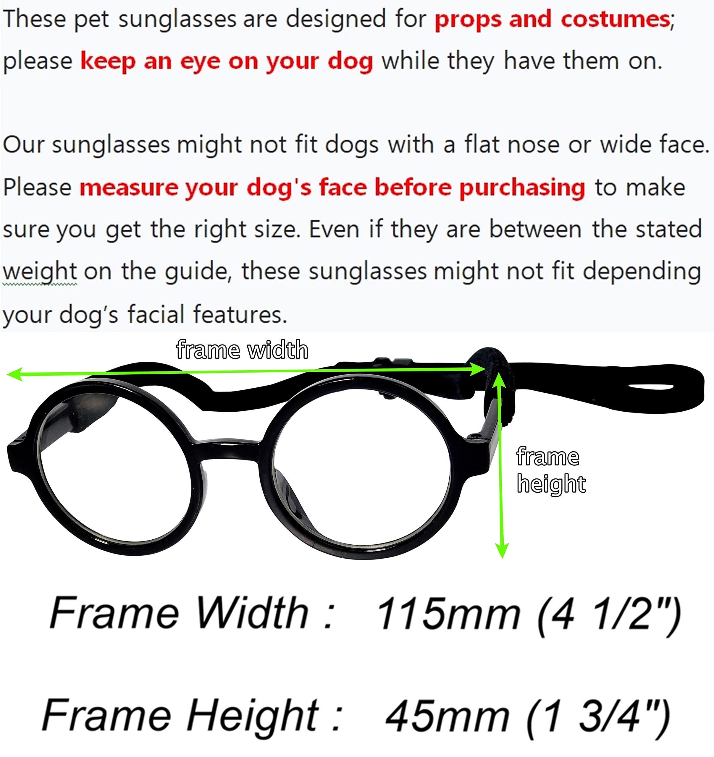 G003 Dog Pet Round Costume Prop Clear Lens Glasses Sunglasses Medium Breeds 18-40Lbs (Black-Clear)