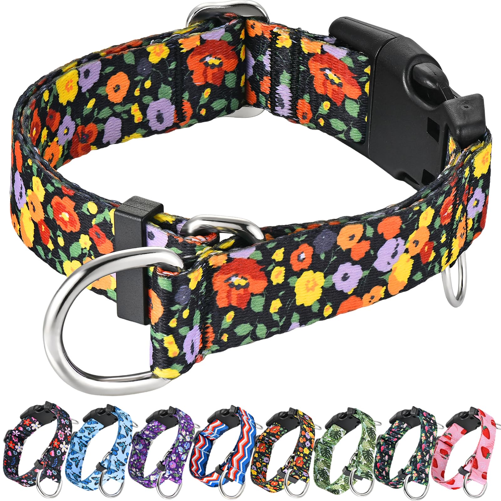 Fidohug Martingale Collar With Buckle Adjustable Nylon Training No Pull Dog Collars For Large Dogs (Orange Floral, Large)
