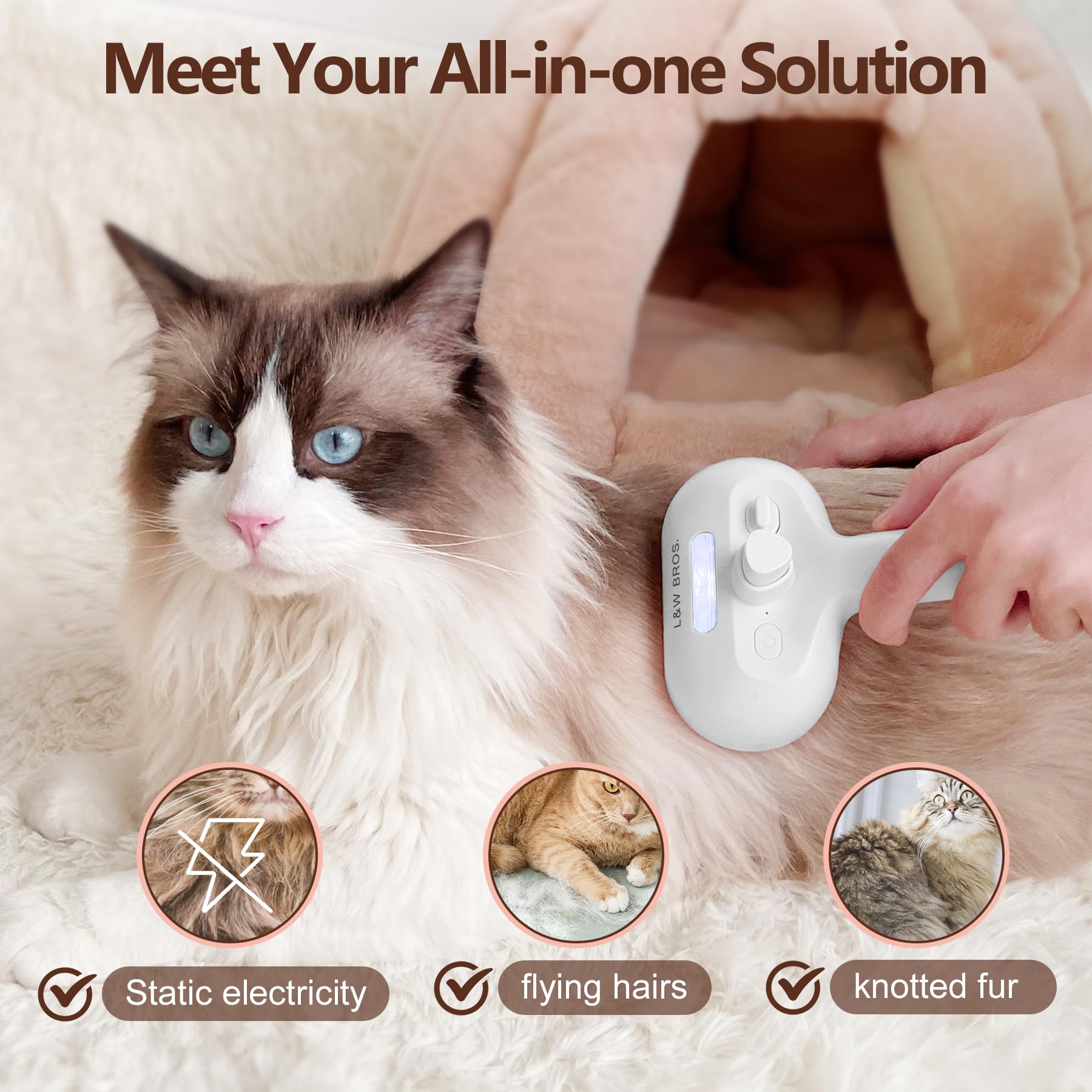 L&W BROS. Steam Grooming Brush - Self-Cleaning Pet Brush with Mist Spray for Long-Haired Cats & Small Dogs, White