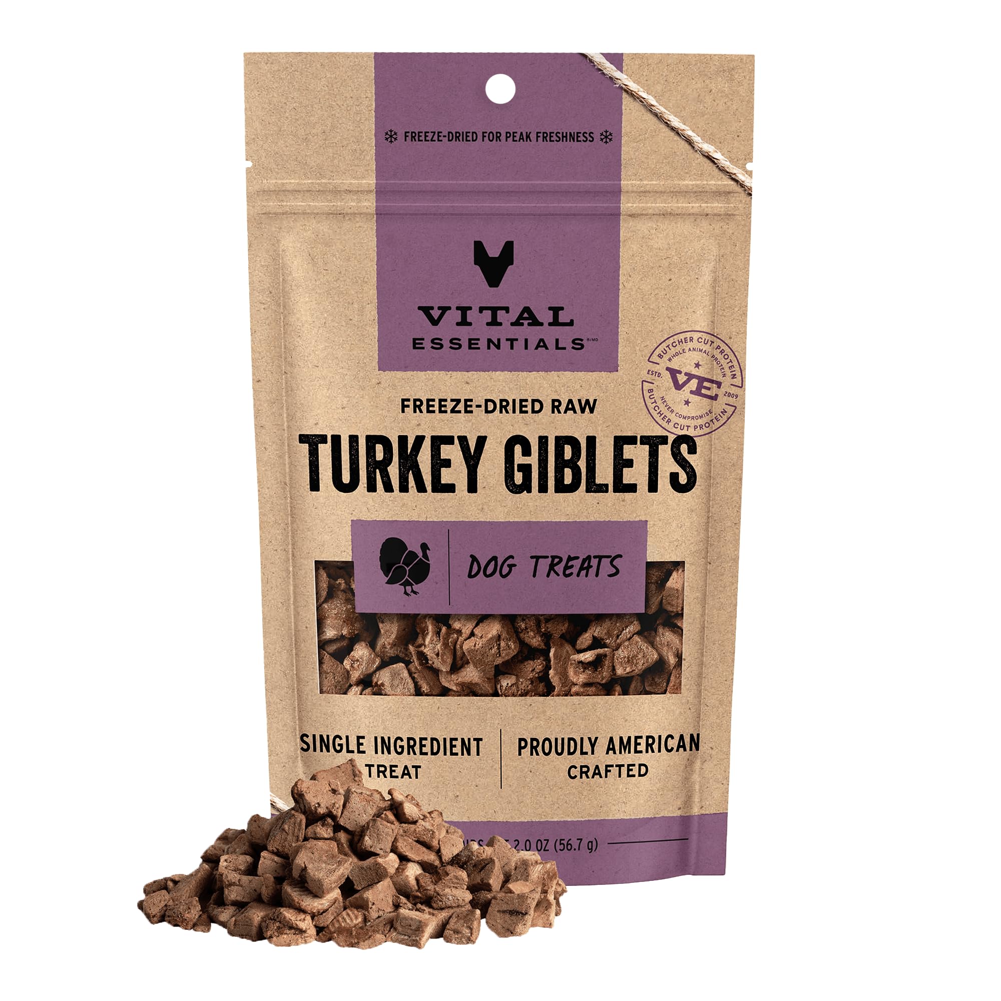 Vital Essentials Turkey Giblets Dog Treats, 2 oz | Freeze-Dried Raw | Single Ingredient | Premium Quality High Protein Training