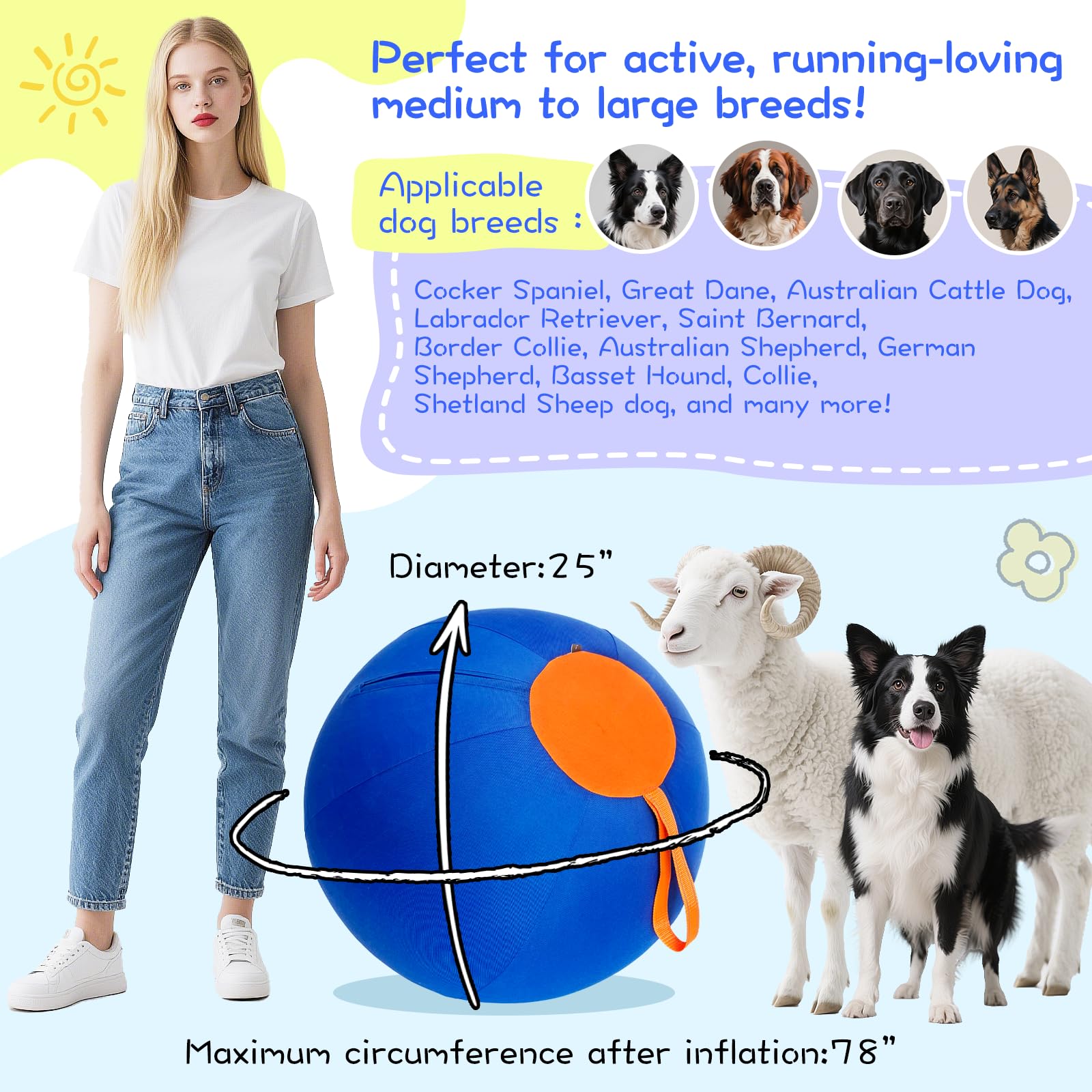 25 Herding Ball for Dogs - Durable Horse Ball Style Dog Toy with Cover - Dog Herding Toy for Outdoor Play, Training & Exercise -