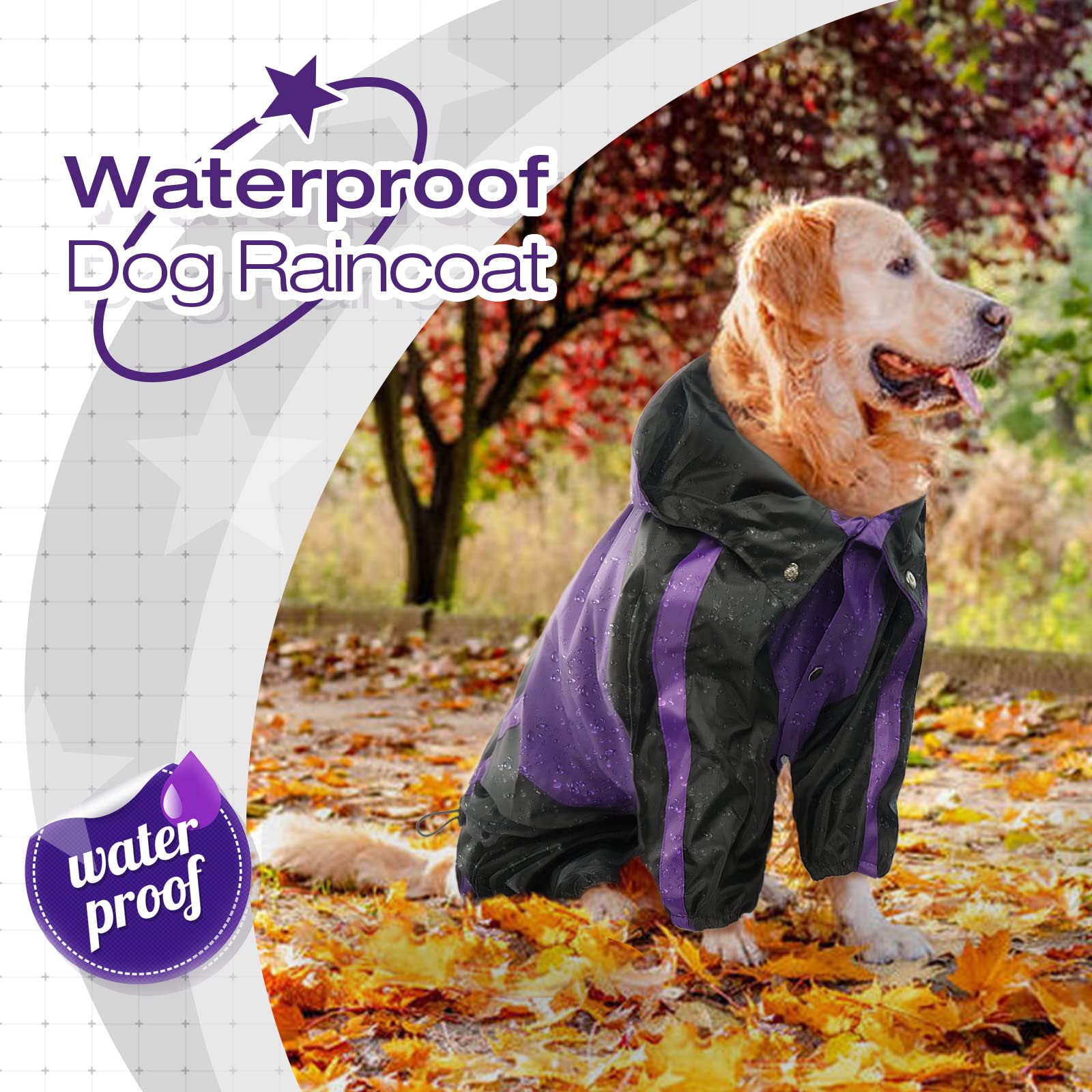 OUOBOB Dog Raincoat - Waterproof Medium Pet Poncho, Purple, Adjustable 4 Legs, Lightweight Polyester with Hood and Leash Hole