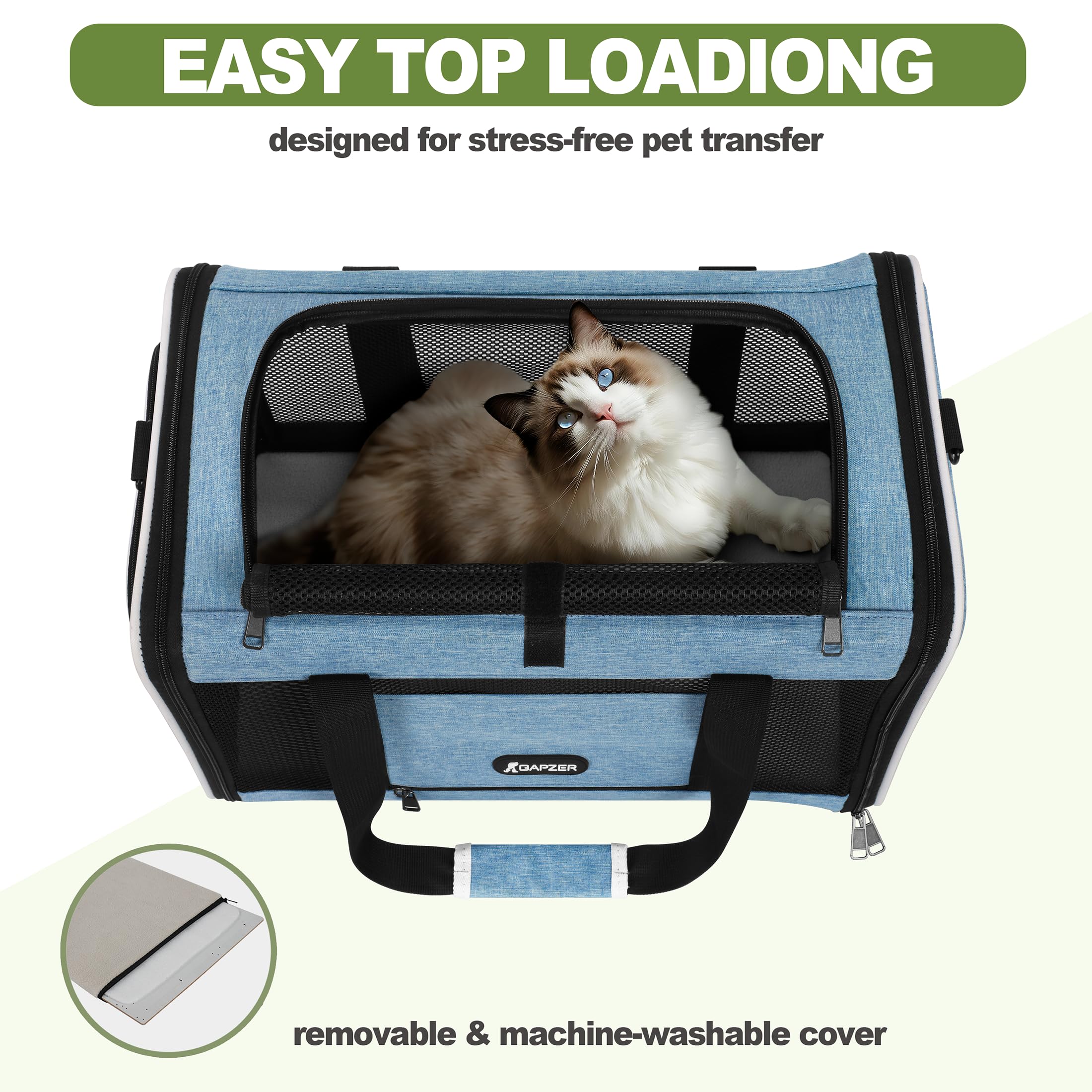GAPZER Cat Carrier - Soft-Sided Travel Bag for Pets, Medium Size, Blue, Top Loading, 600D Oxford, Ideal for Small Dogs & Cats Under 25 lbs