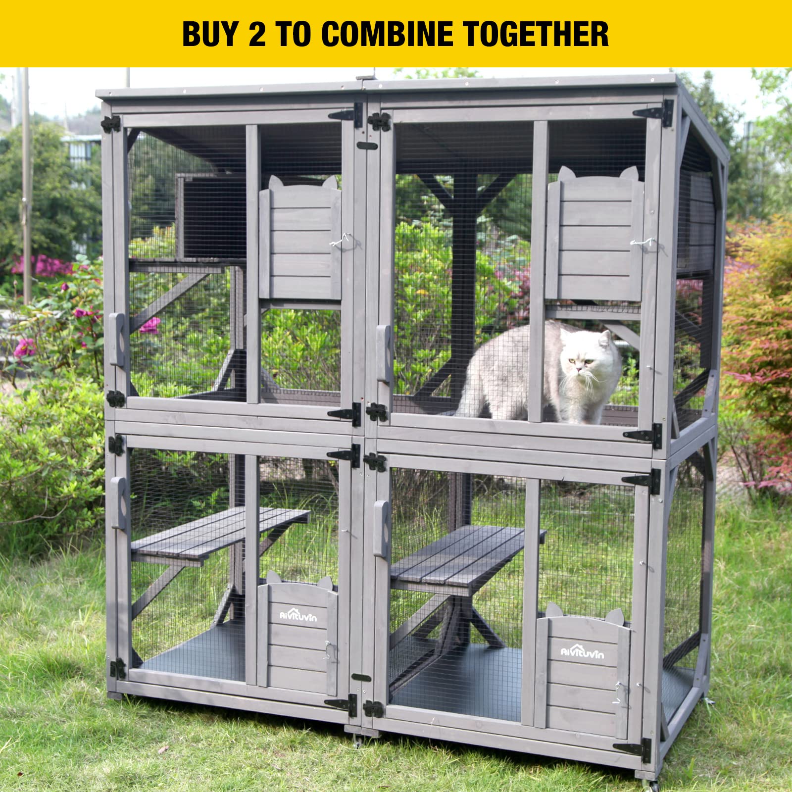 Aivituvin Cat House Outdoor Catio Cat Enclosures On Wheels70.9 Kitty House With Upgraded Resting Box,Waterproof Roof