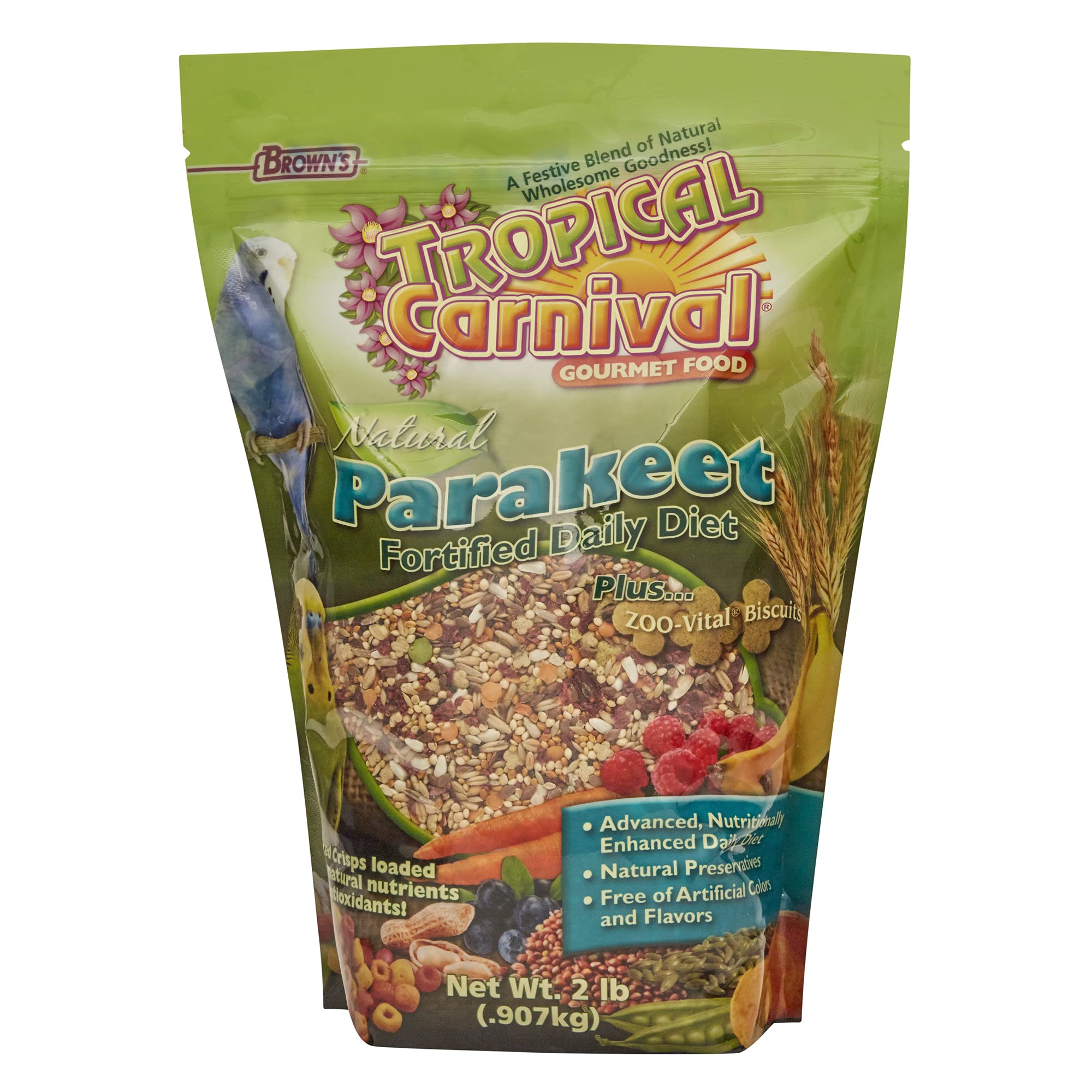 F.M. Browns Tropical Carnival Natural Parakeet Food, 2-lb Bag - Vitamin-Nutrient Fortified Daily Diet with NO Artificial Colors