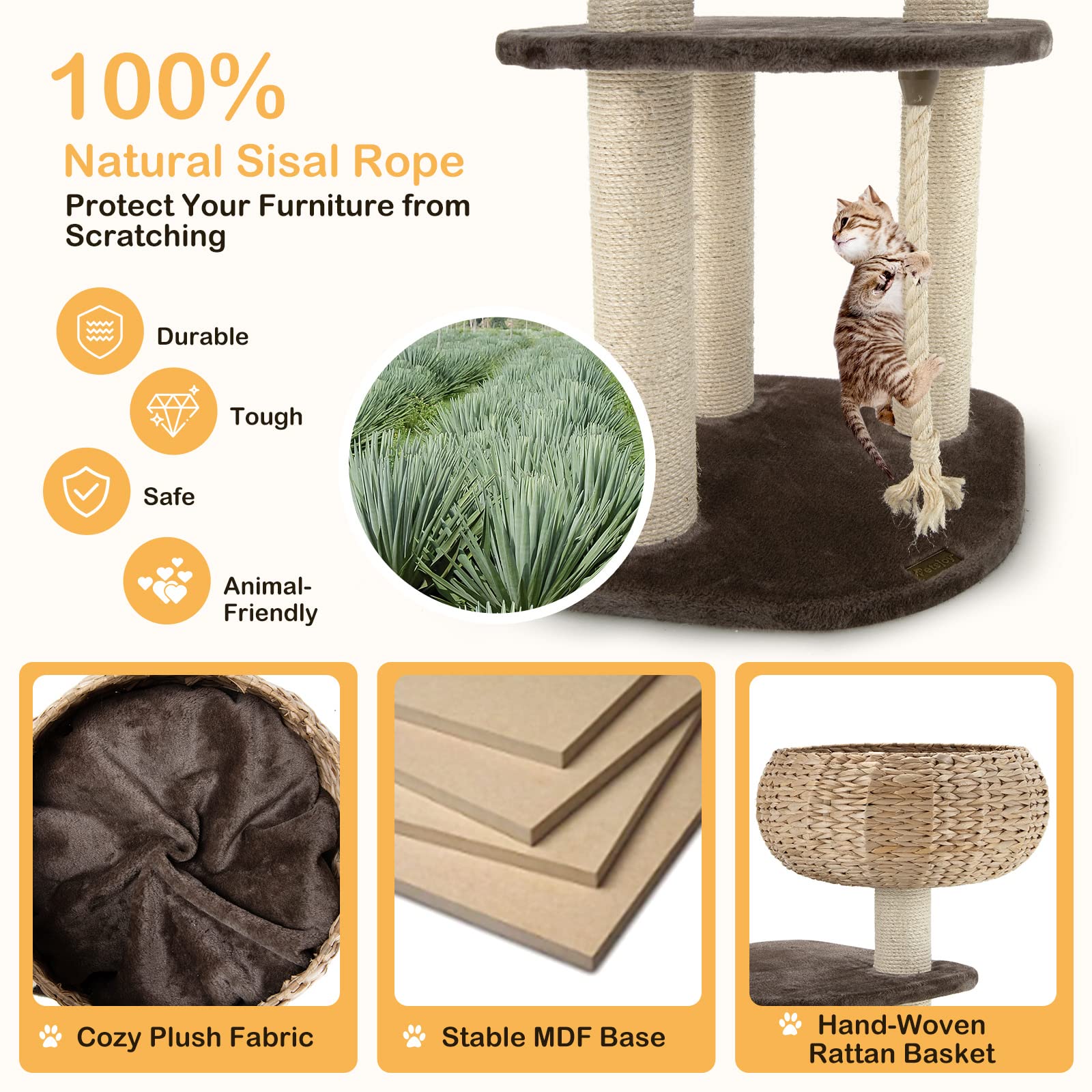 Petsite 41 Inch Modern Cat Tree For Indoor Cats, Multi-Level Cat Tower With Scratching Posts, Hand-Made Wicker Cat Condo & Top P