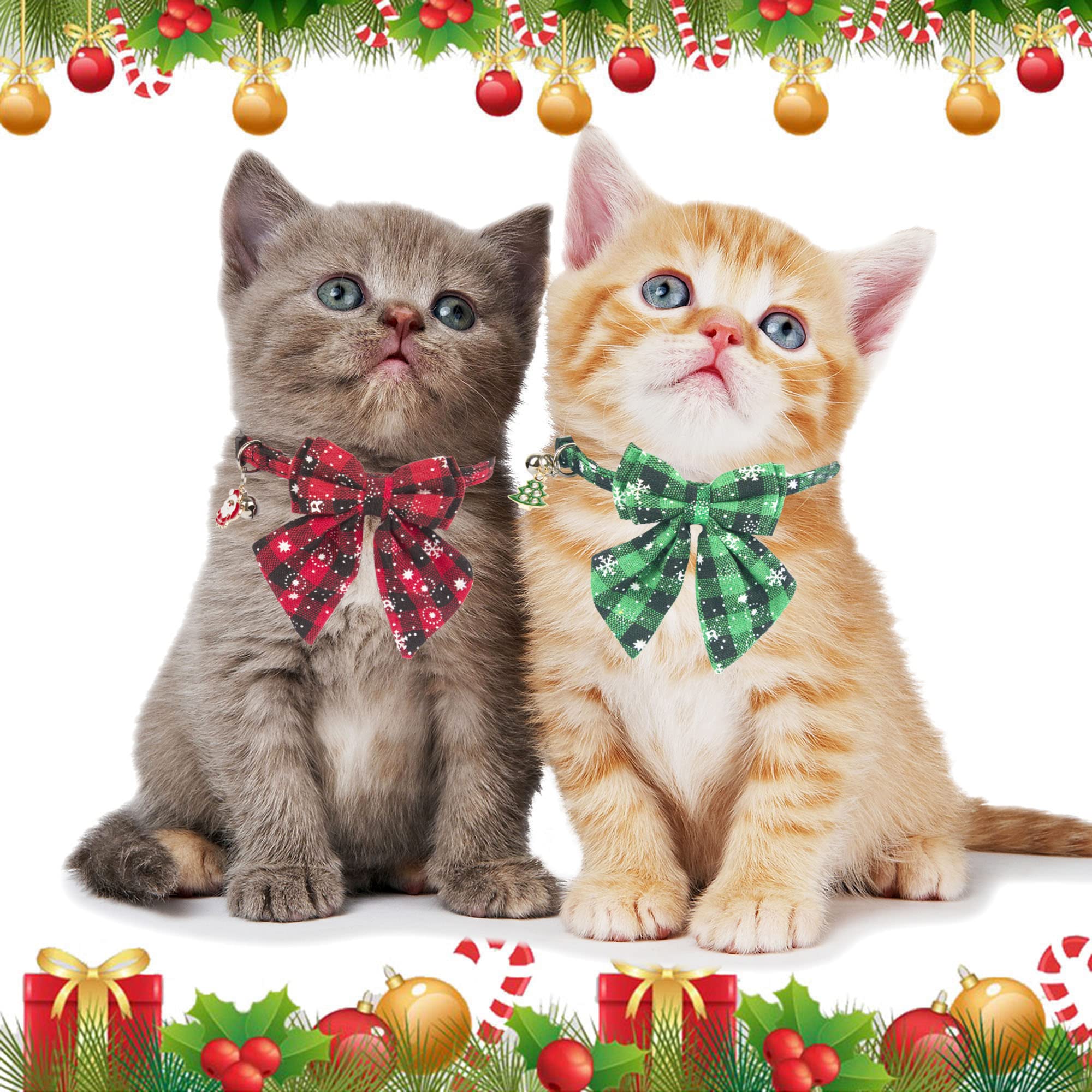 Adoggygo Christmas Cat Collars Breakaway With Stylish Bow, 2 Pack Red Green Plaid With Snowflake Christmas Kitten Collar With Bell, Removable Bowtie Cat Christmas Collar For Cats (7.5'- 10.5', Bow-2)