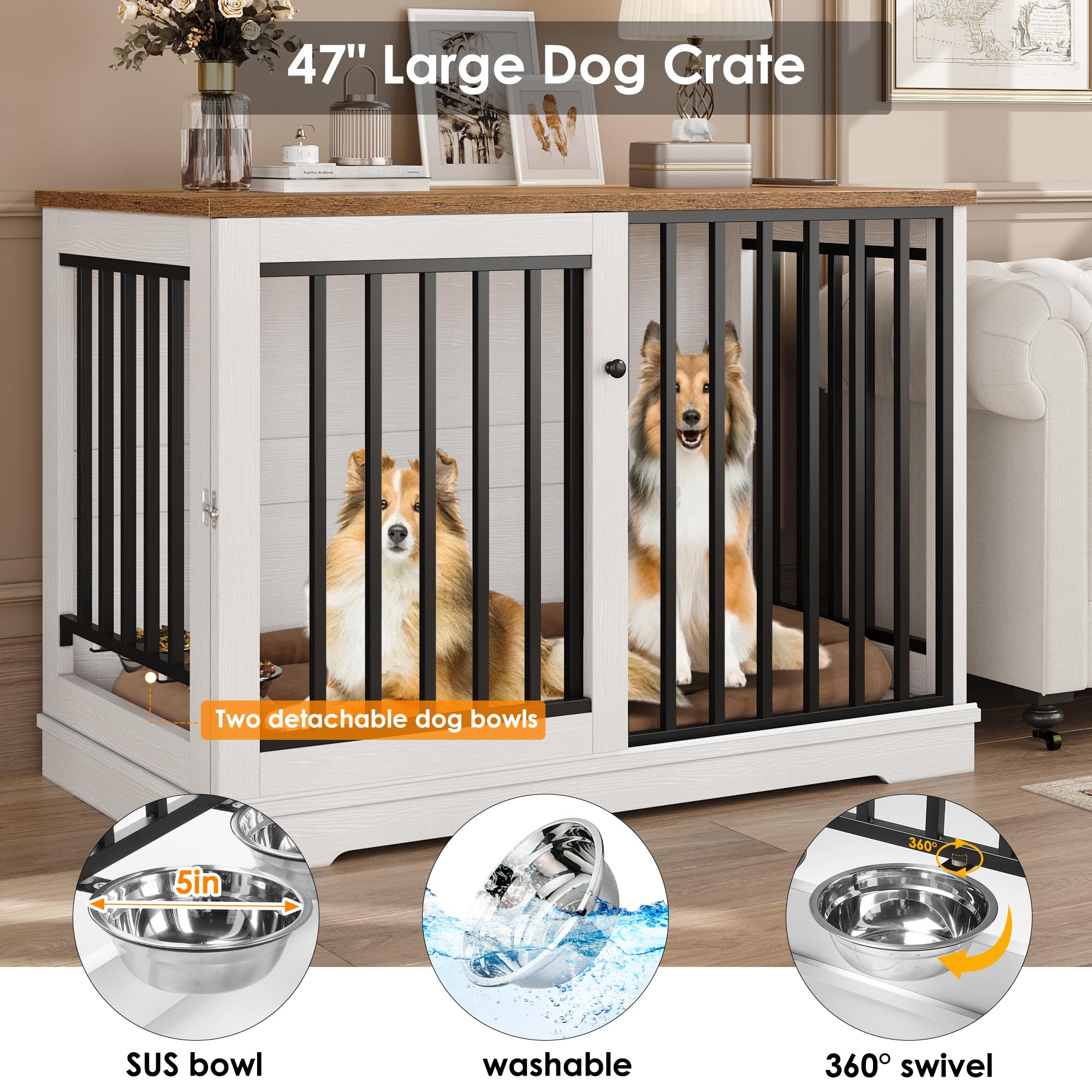 TTVIEW Large Dog Crate Furniture, Heavy Duty Indoor Kennel with Sliding Door, 2 Bowls, Rustic White Wooden Pet House
